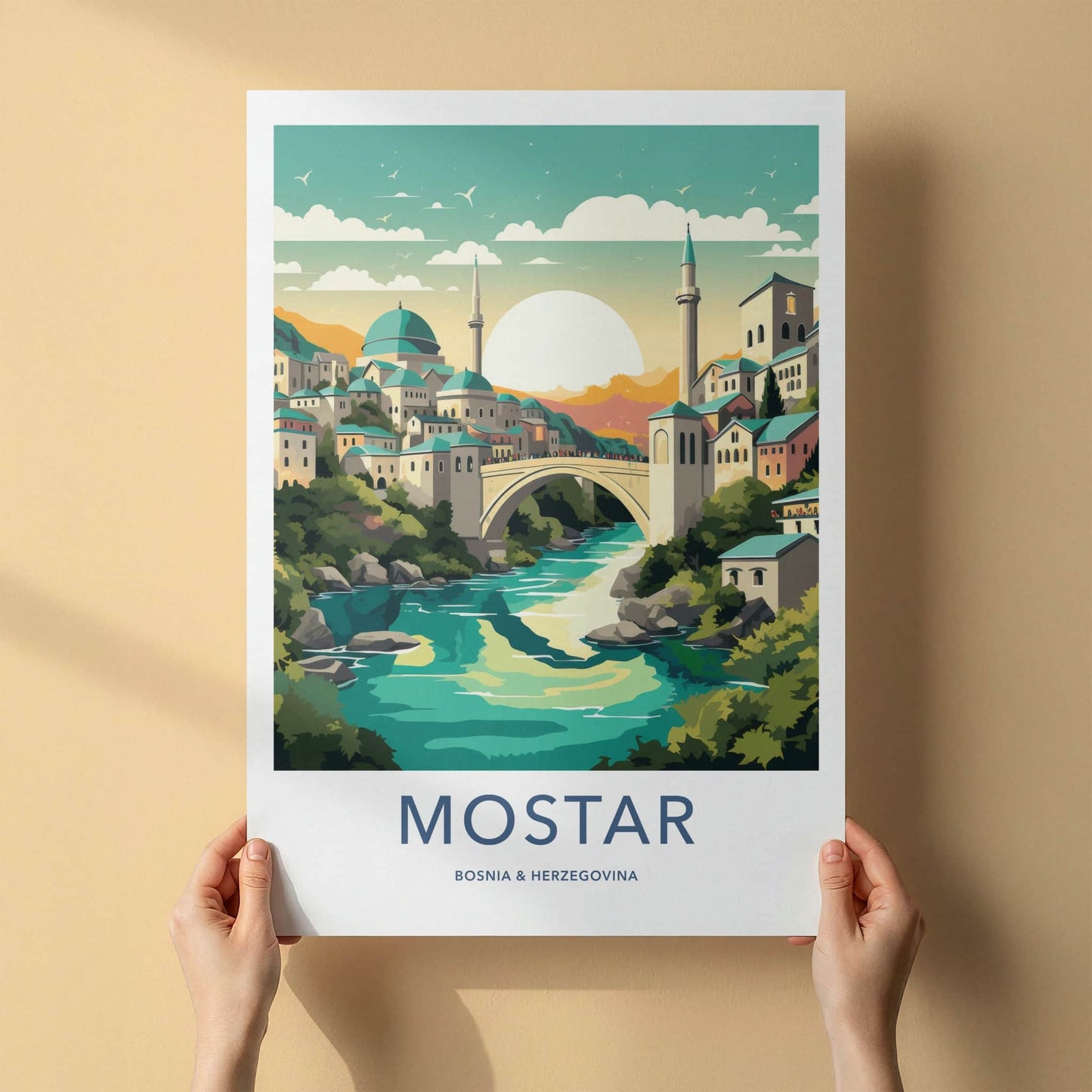 Mostar Poster - Bosnia Herzegovina Travel Art - Historic Arch Bridge Home Decor