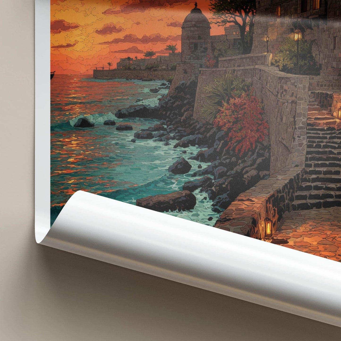 Moti Daman Poster - India Coastal Fort Sunset Lounge Decor