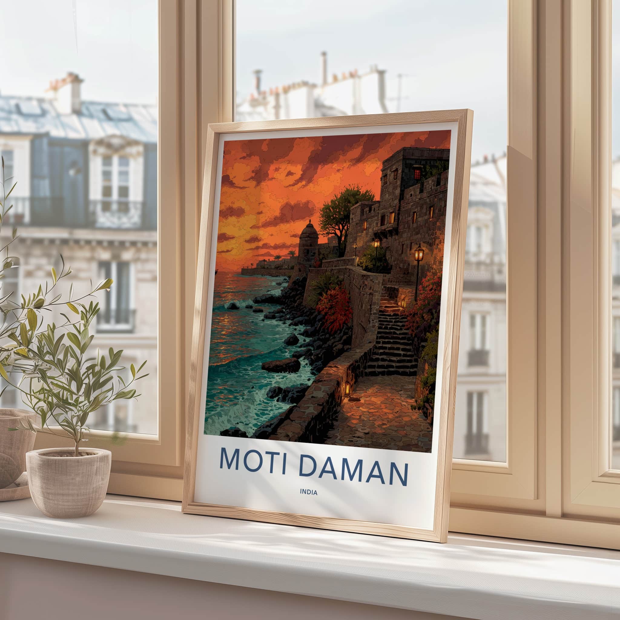 Moti Daman Poster - India Coastal Fort Sunset Lounge Decor