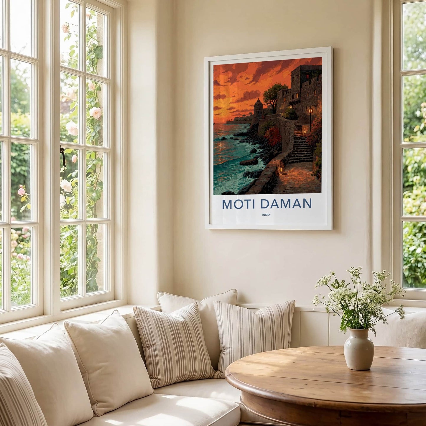 Moti Daman Poster - India Coastal Fort Sunset Lounge Decor