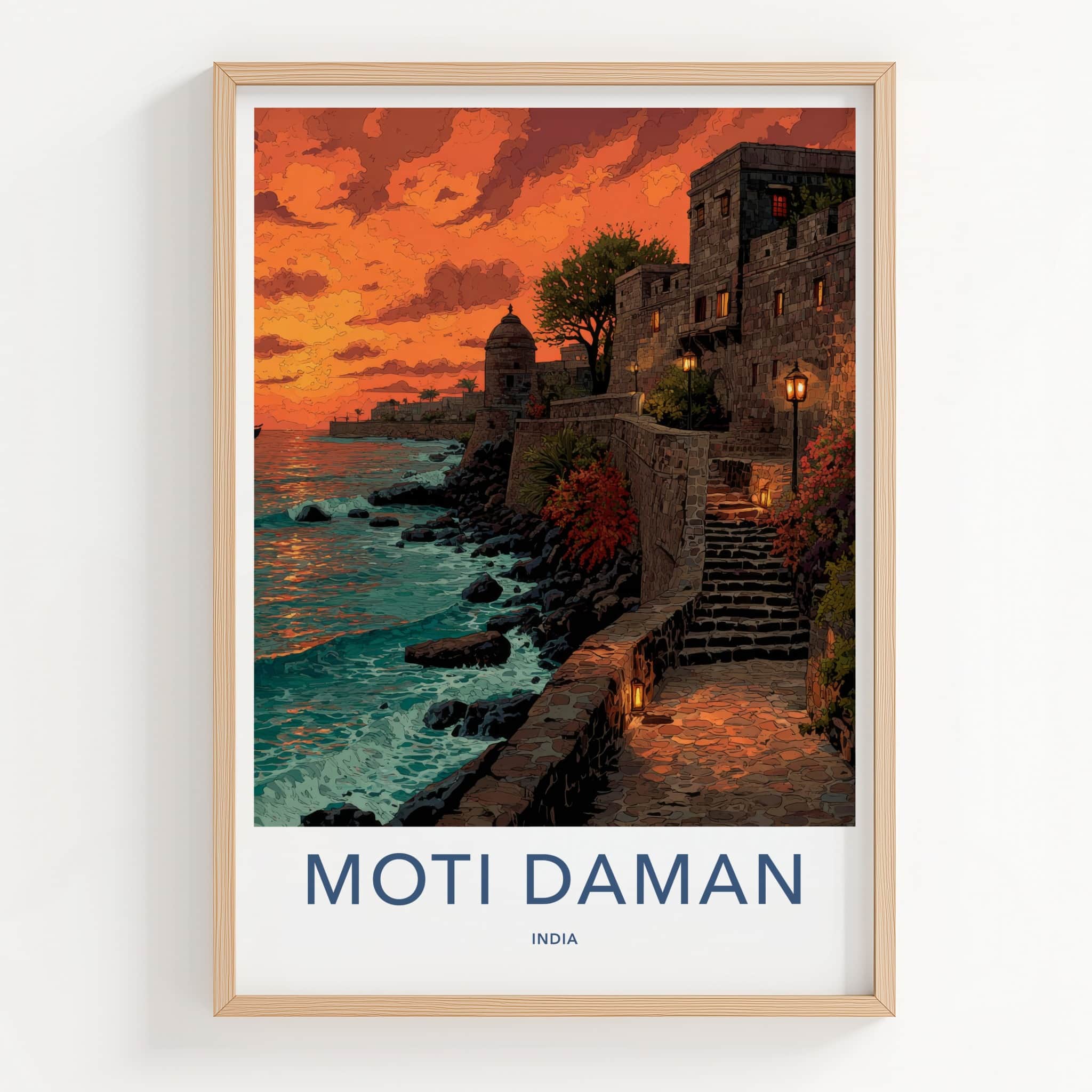 Moti Daman Poster - India Coastal Fort Sunset Lounge Decor