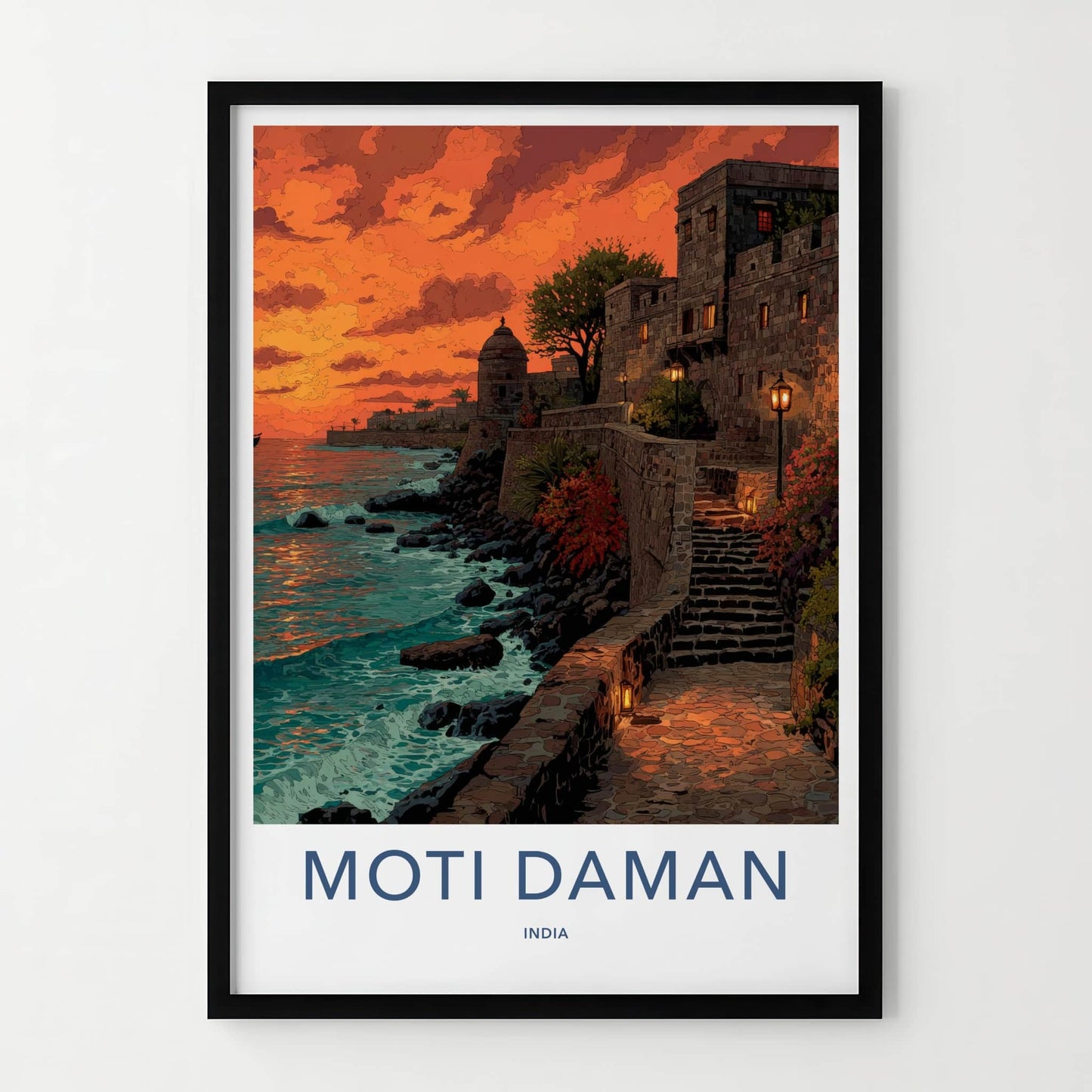 Moti Daman Poster - India Coastal Fort Sunset Lounge Decor