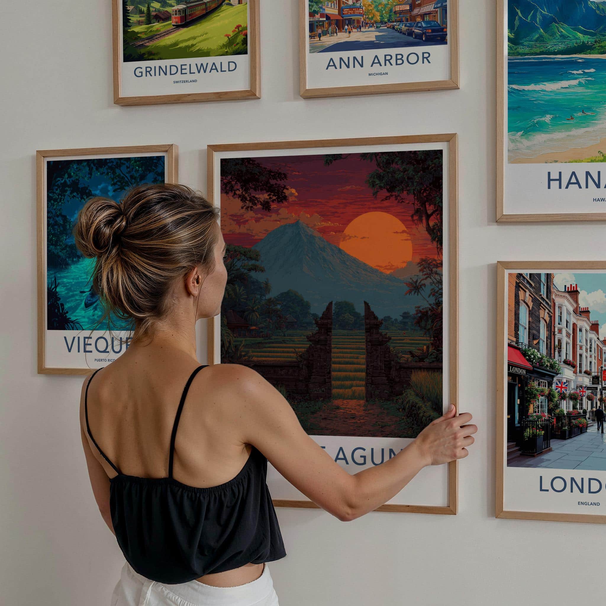 Mount Agung Poster - Indonesia Travel Art - Sunset Rice Paddies Home Decor