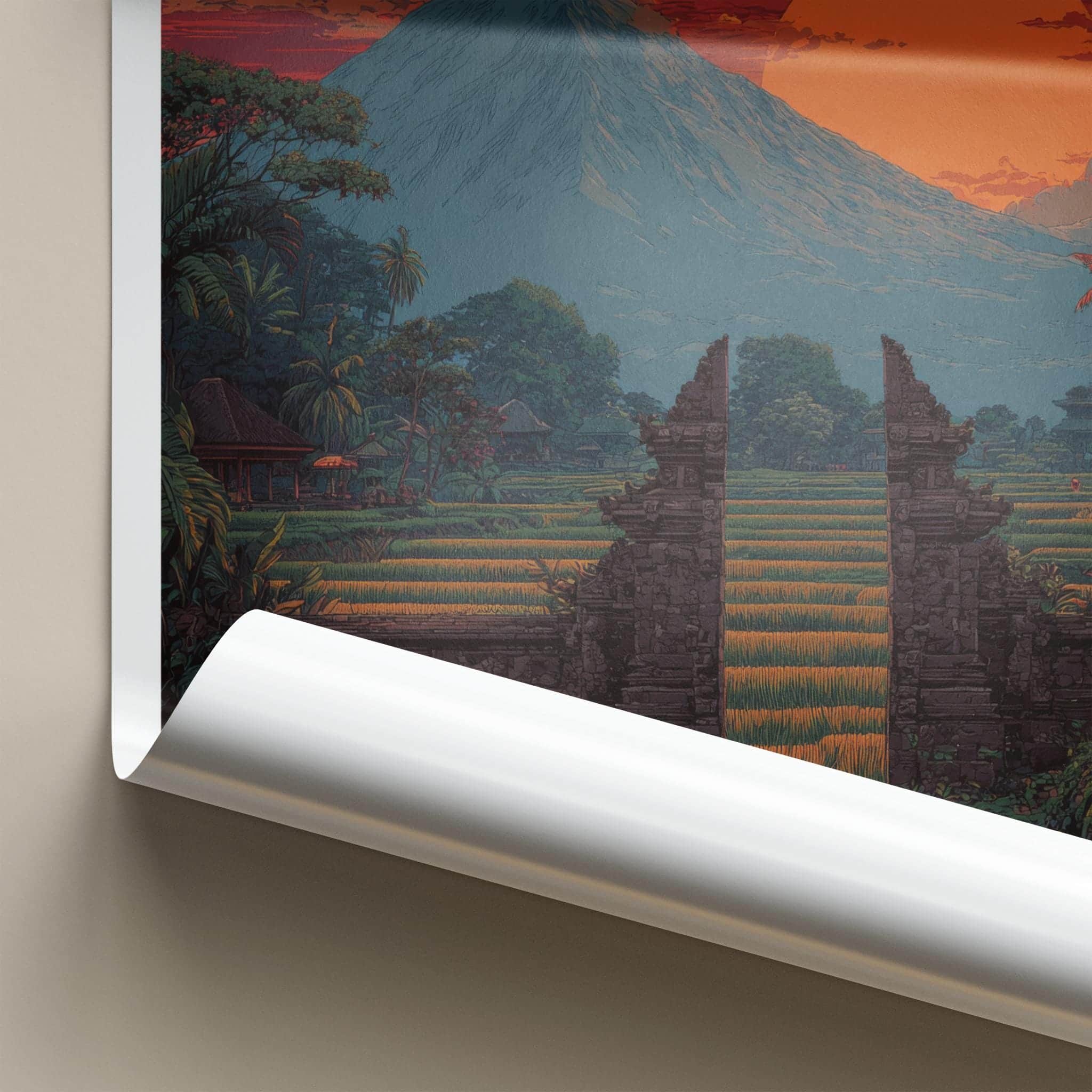 Mount Agung Poster - Indonesia Travel Art - Sunset Rice Paddies Home Decor
