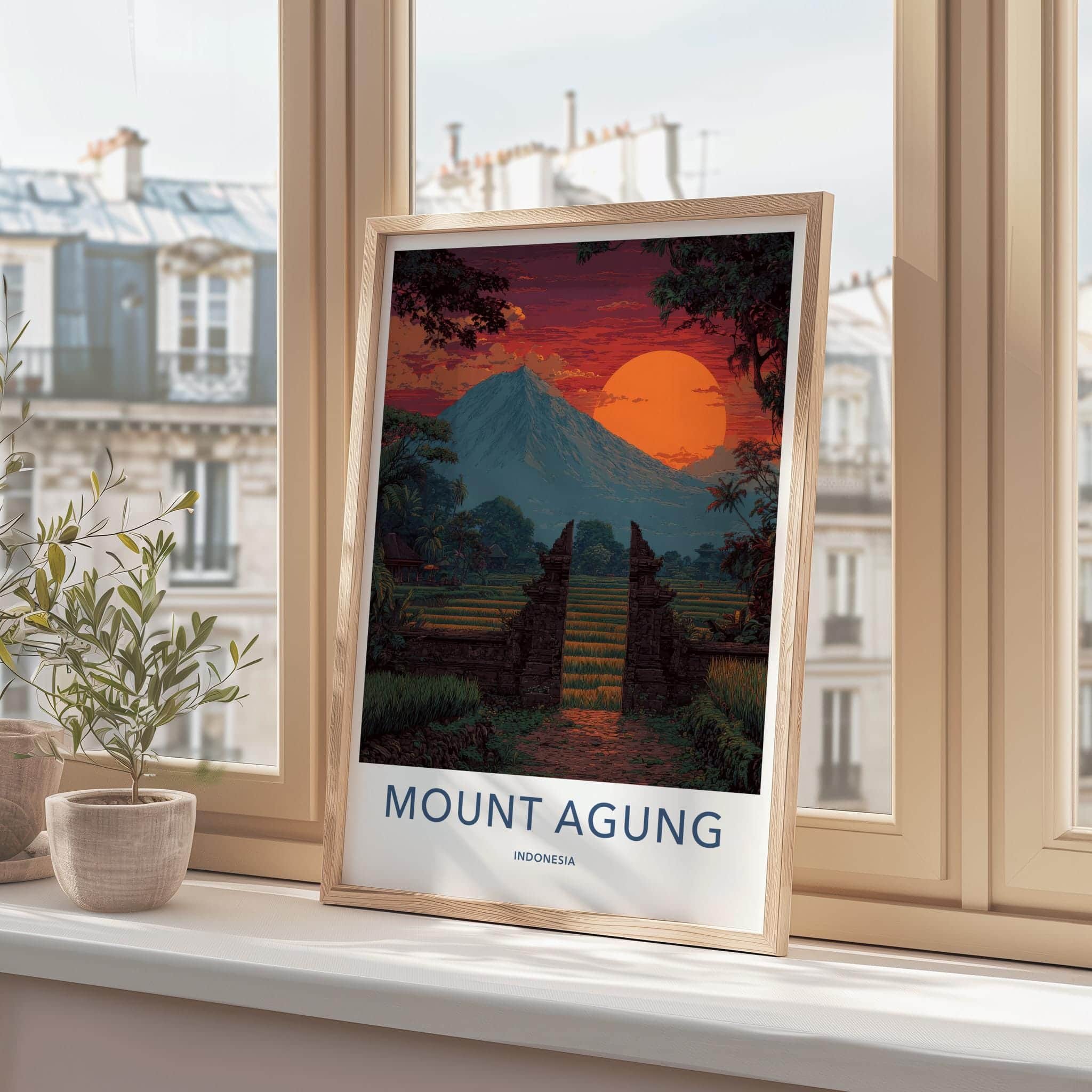 Mount Agung Poster - Indonesia Travel Art - Sunset Rice Paddies Home Decor