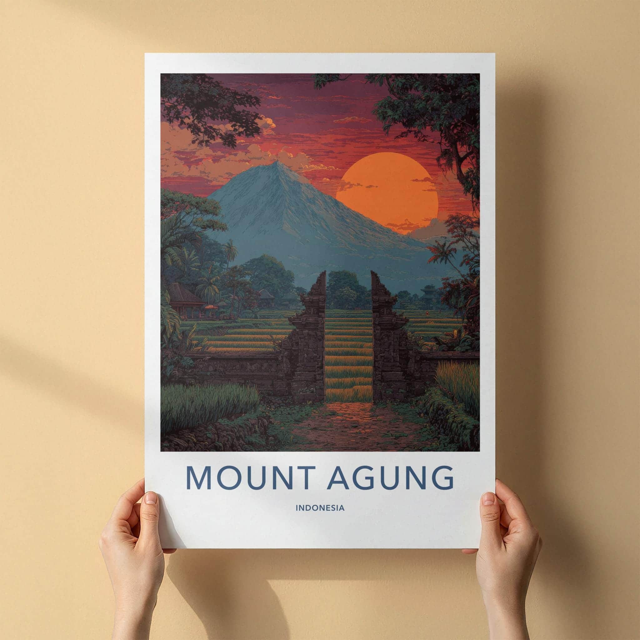 Mount Agung Poster - Indonesia Travel Art - Sunset Rice Paddies Home Decor