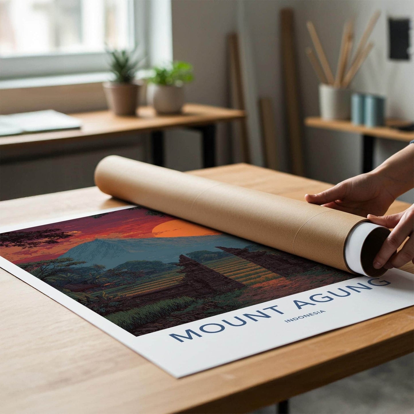 Mount Agung Poster - Indonesia Travel Art - Sunset Rice Paddies Home Decor