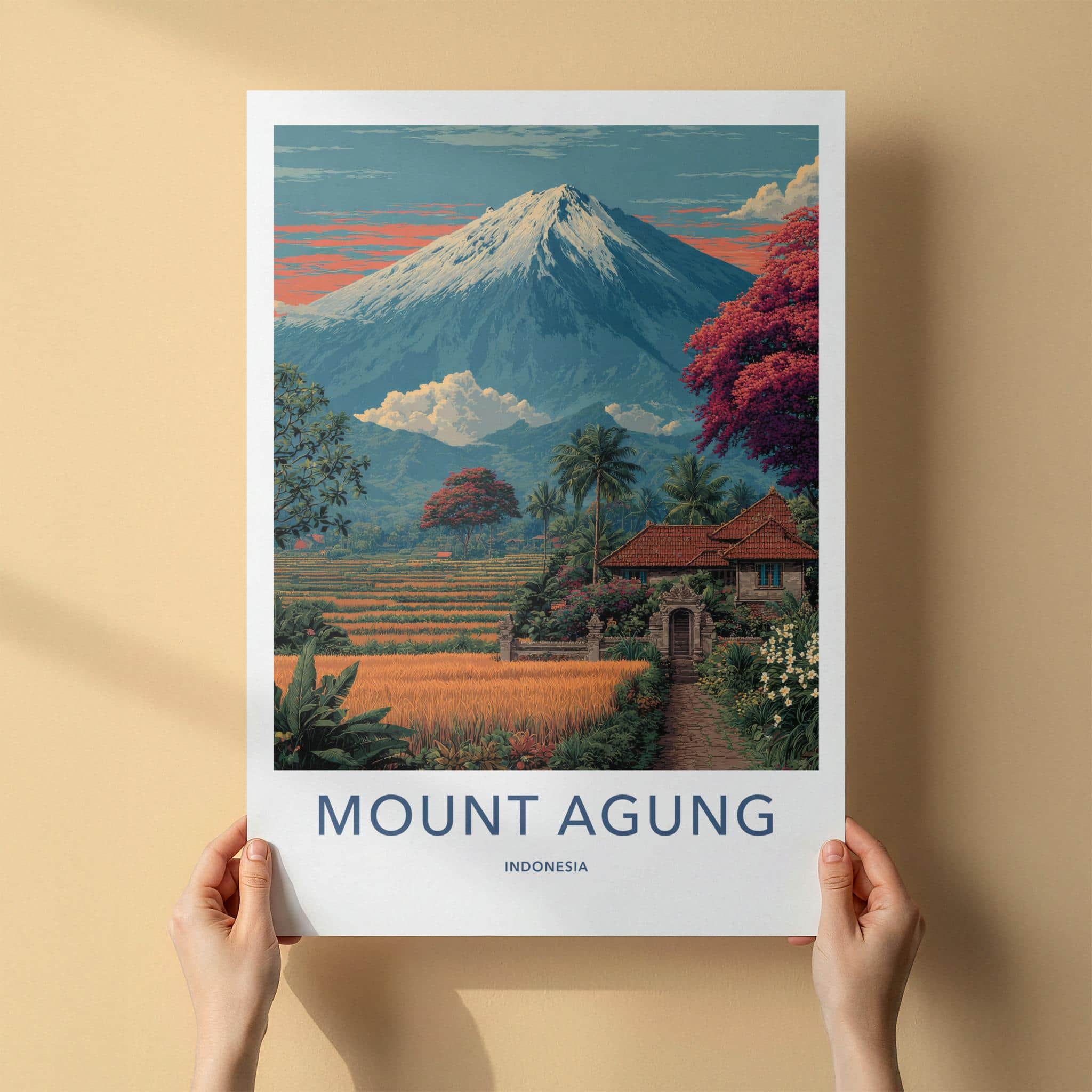Mount Agung Poster - Indonesia Travel Art - Volcano Rice Fields Home Decor
