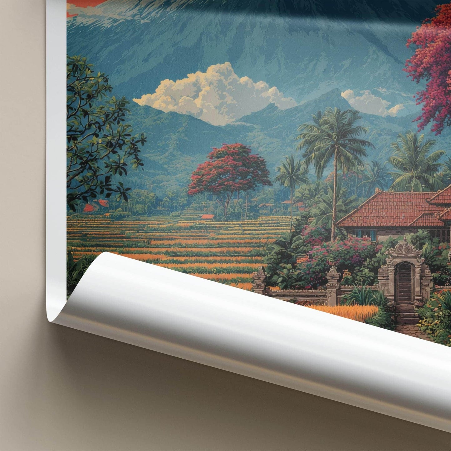 Mount Agung Poster - Indonesia Travel Art - Volcano Rice Fields Home Decor