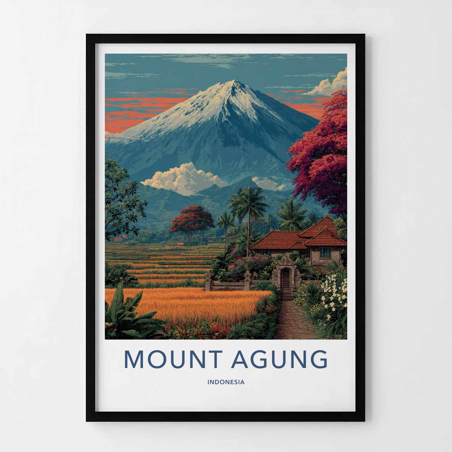 Mount Agung Poster - Indonesia Travel Art - Volcano Rice Fields Home Decor