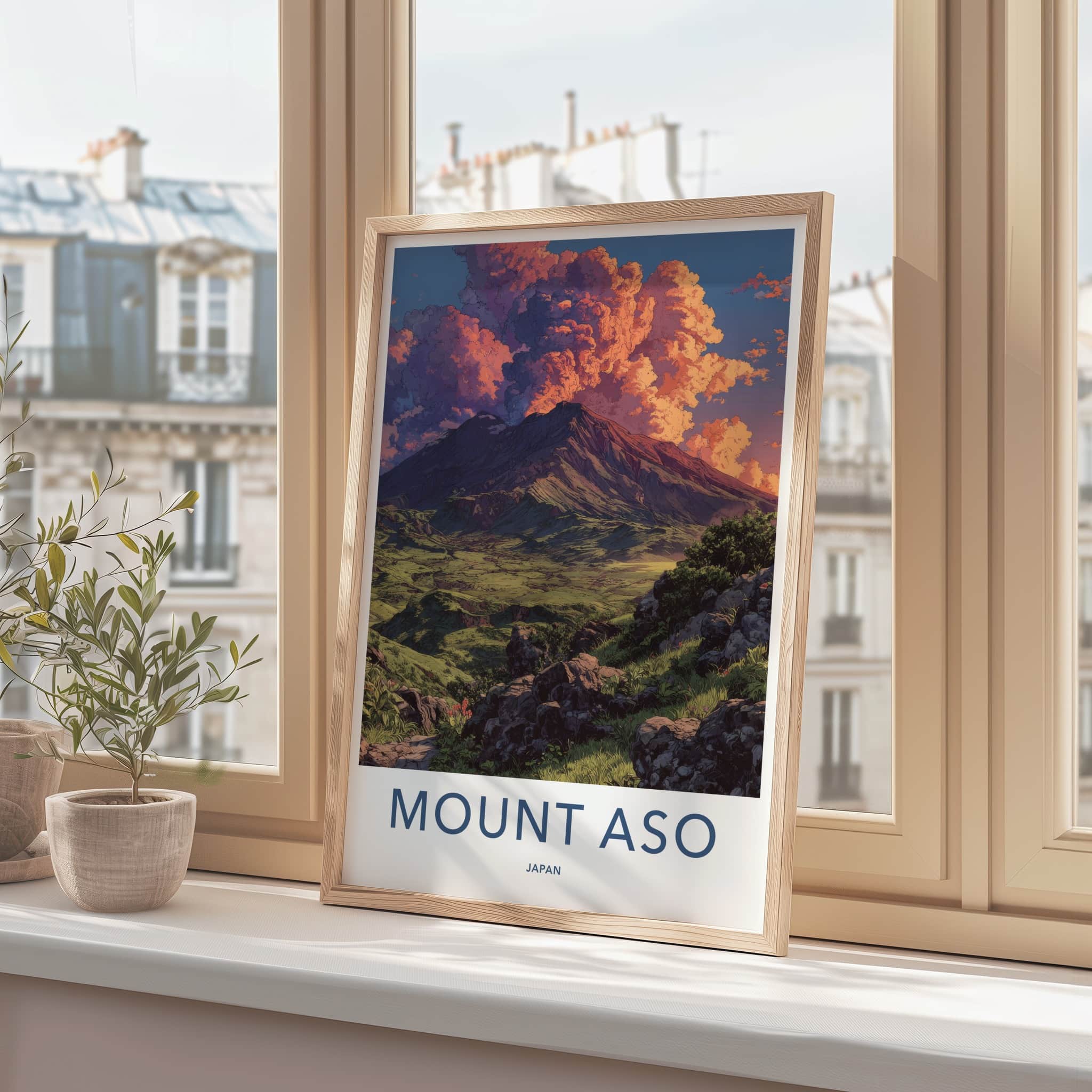 Mount Aso Poster - Japan Travel Art - Cloudy Mountain Sunset Home Decor