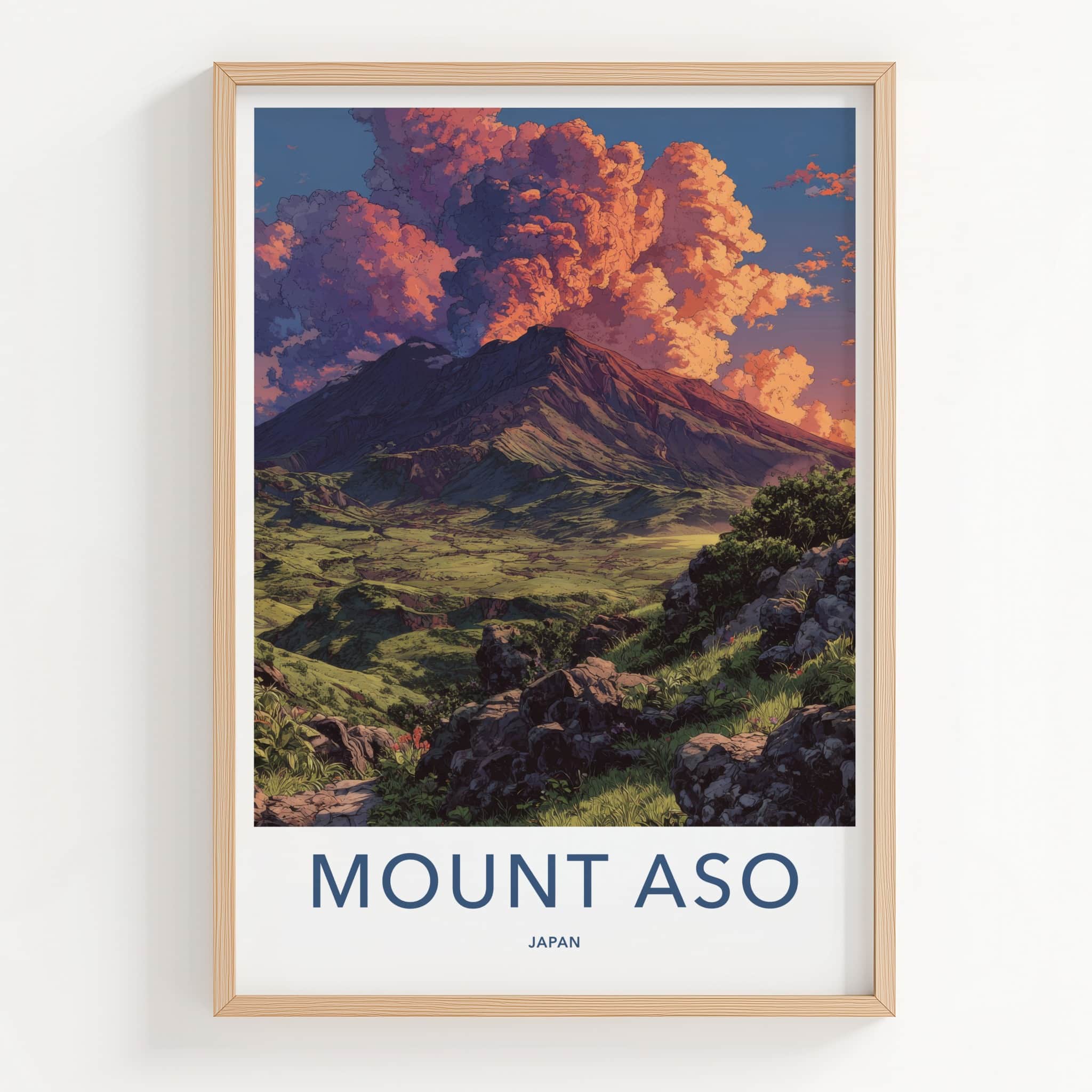 Mount Aso Poster - Japan Travel Art - Cloudy Mountain Sunset Home Decor