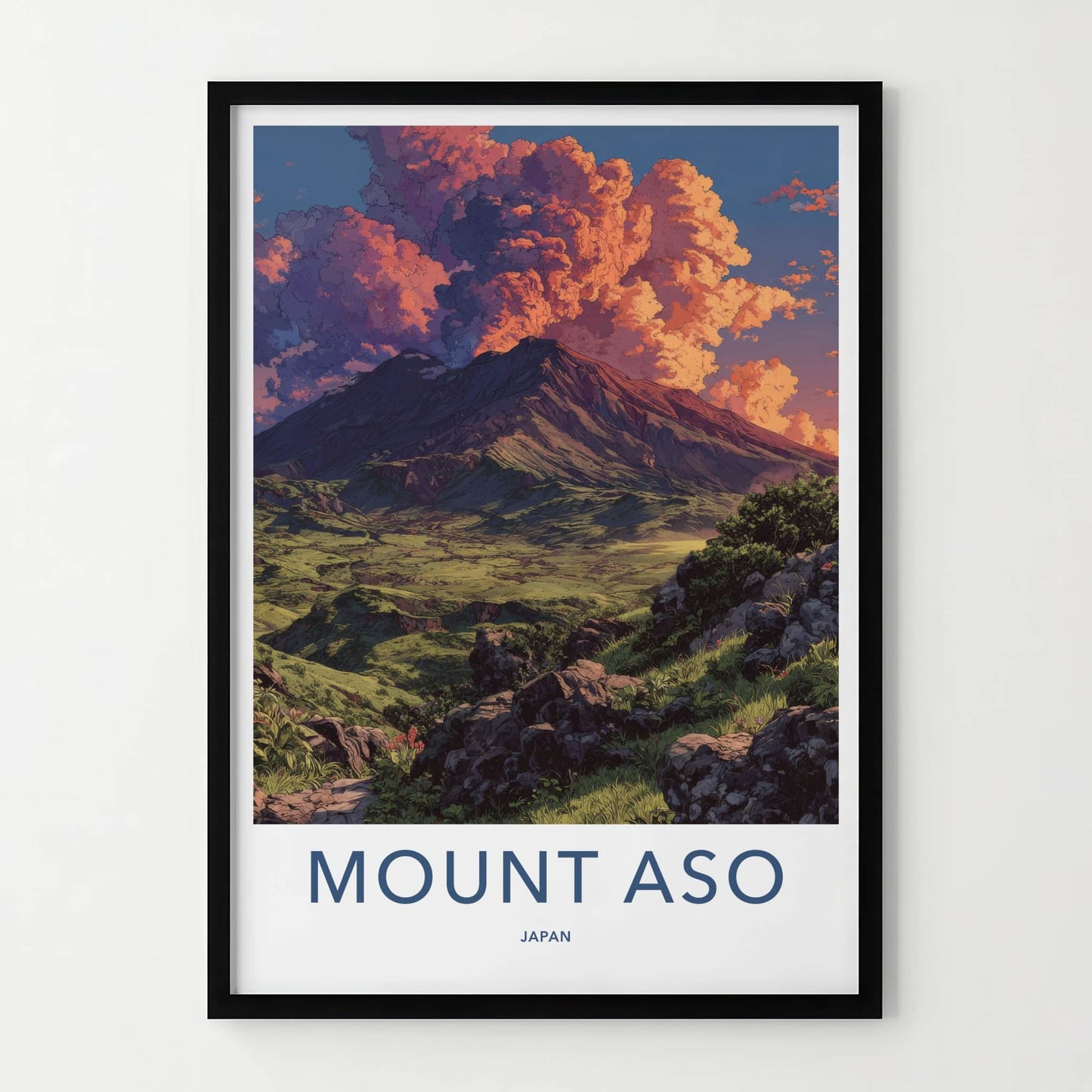 Mount Aso Poster - Japan Travel Art - Cloudy Mountain Sunset Home Decor