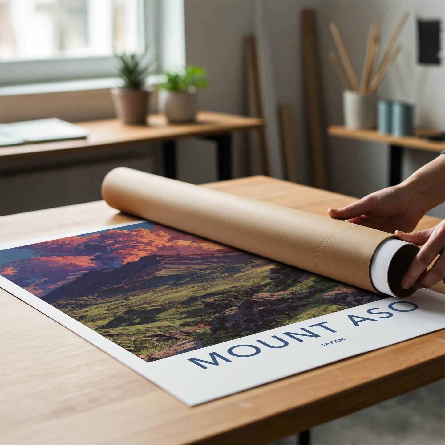 Mount Aso Poster - Japan Travel Art - Cloudy Mountain Sunset Home Decor