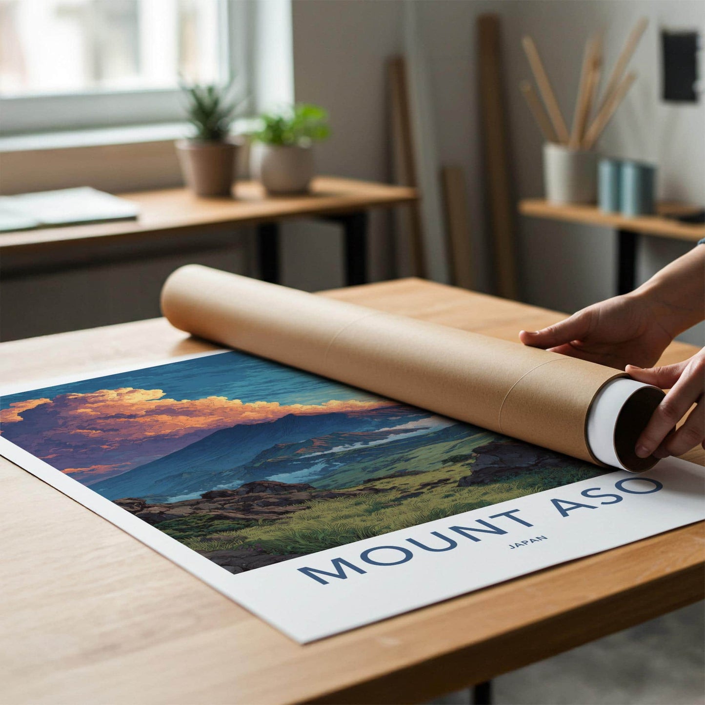 MOUNT ASO Poster - Japan Travel Art - Dramatic Cloudscape Valley Home Decor