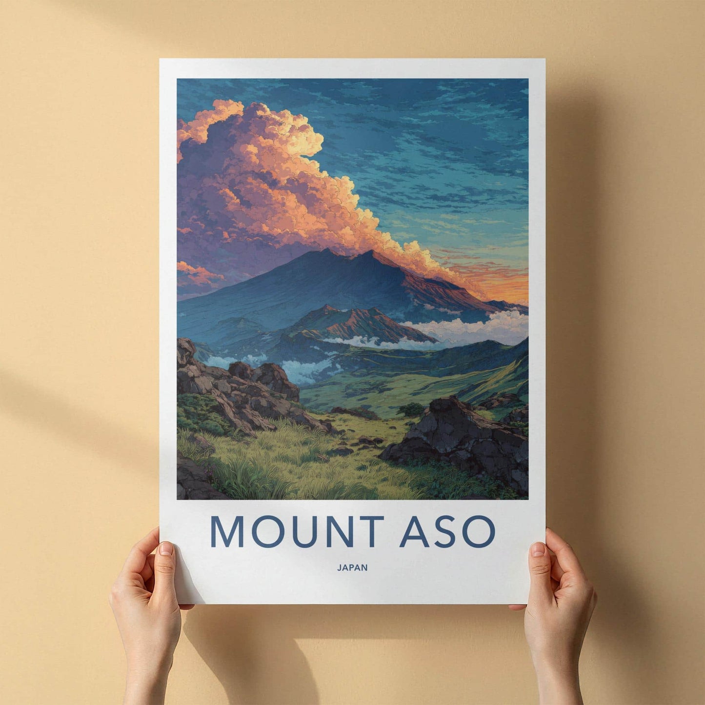 MOUNT ASO Poster - Japan Travel Art - Dramatic Cloudscape Valley Home Decor