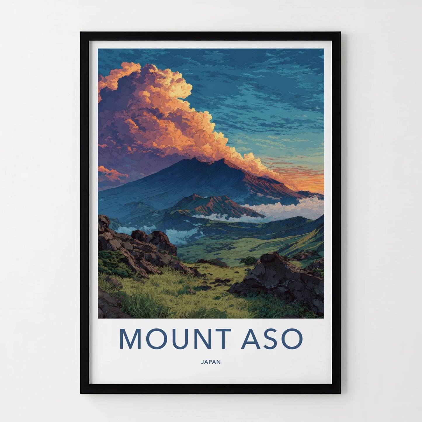 MOUNT ASO Poster - Japan Travel Art - Dramatic Cloudscape Valley Home Decor