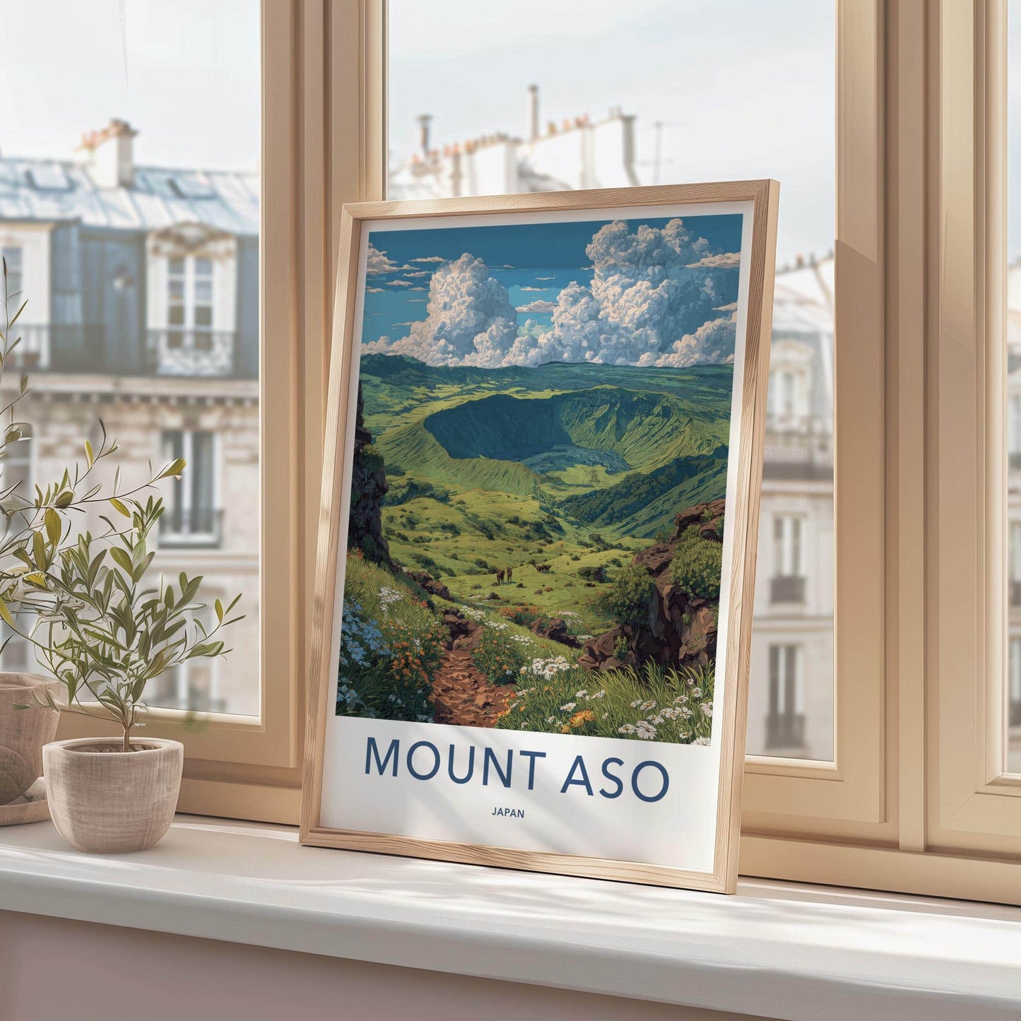 Mount Aso Poster - Japan Travel Art - Grassy Crater Landscape Home Decor