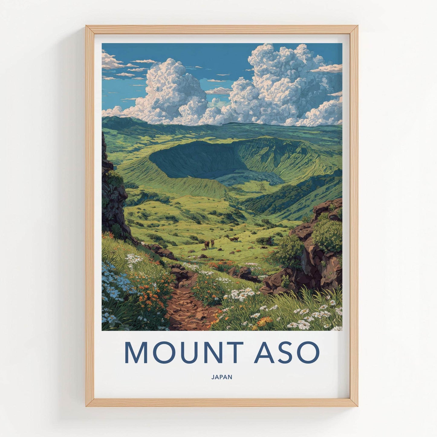 Mount Aso Poster - Japan Travel Art - Grassy Crater Landscape Home Decor