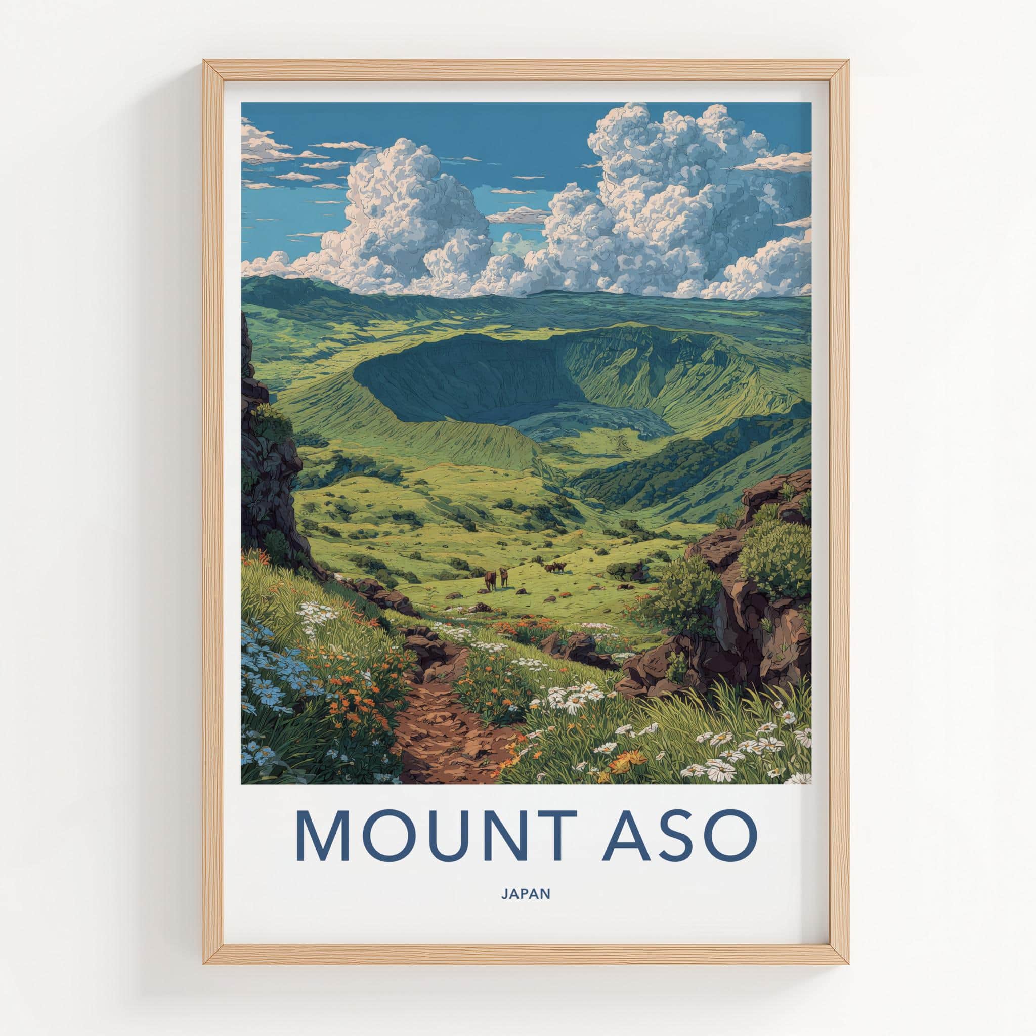 Mount Aso Poster - Japan Travel Art - Grassy Crater Landscape Home Decor