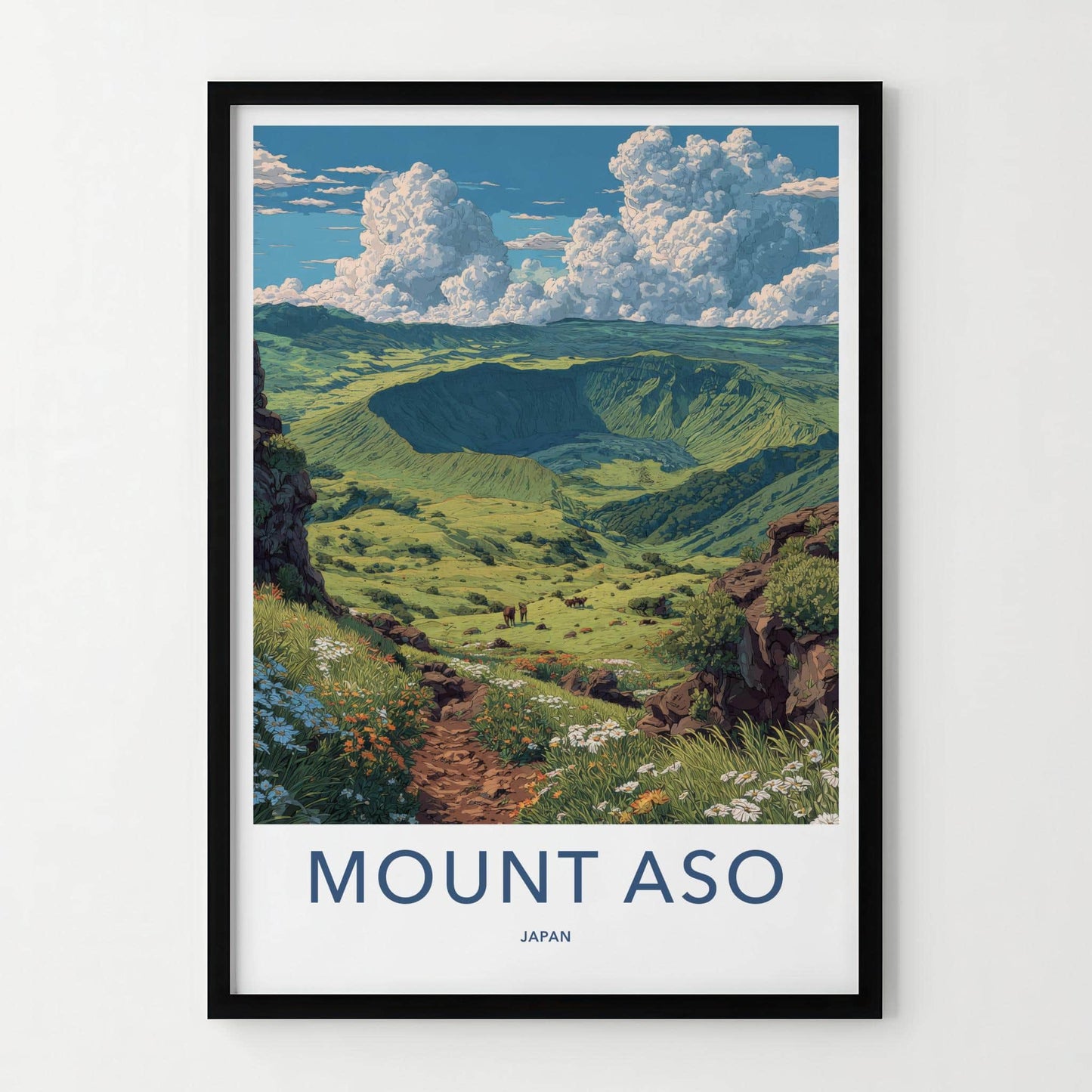 Mount Aso Poster - Japan Travel Art - Grassy Crater Landscape Home Decor