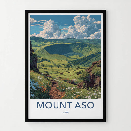 Mount Aso Poster - Japan Travel Art - Grassy Crater Landscape Home Decor