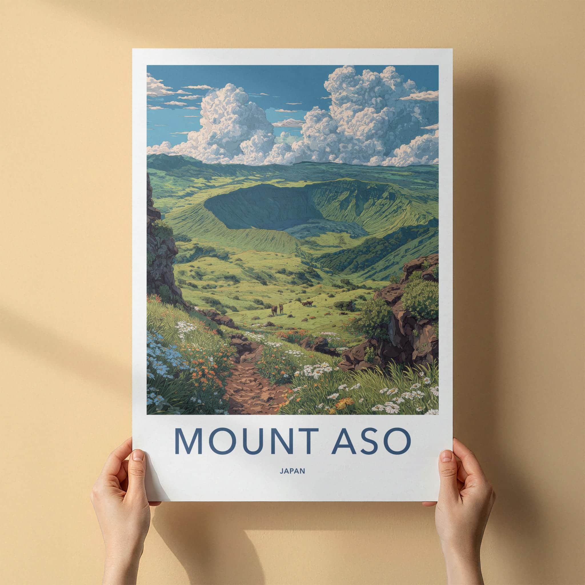 Mount Aso Poster - Japan Travel Art - Grassy Crater Landscape Home Decor
