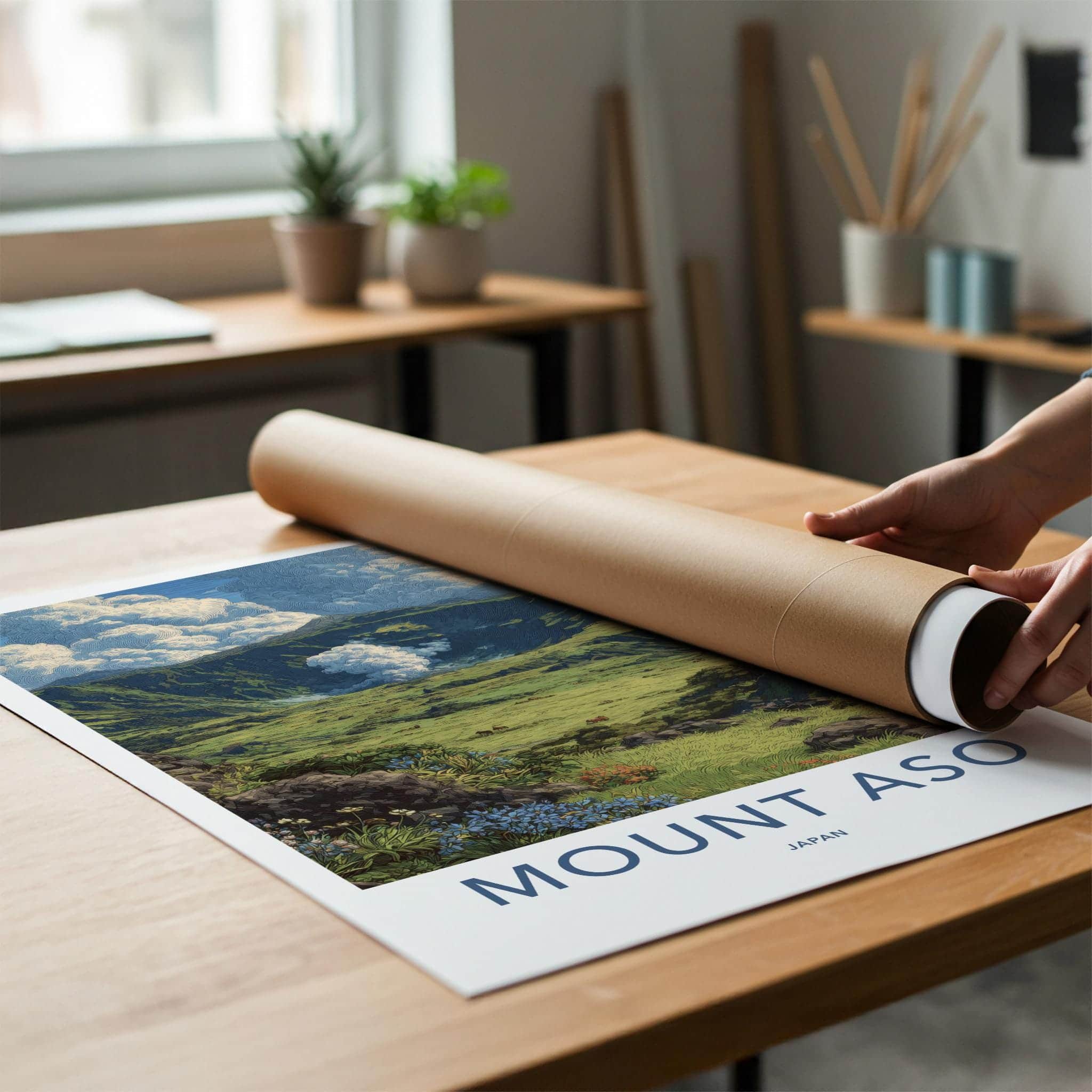 Mount Aso Poster - Japan Travel Art - Volcanic Crater Plume Home Decor