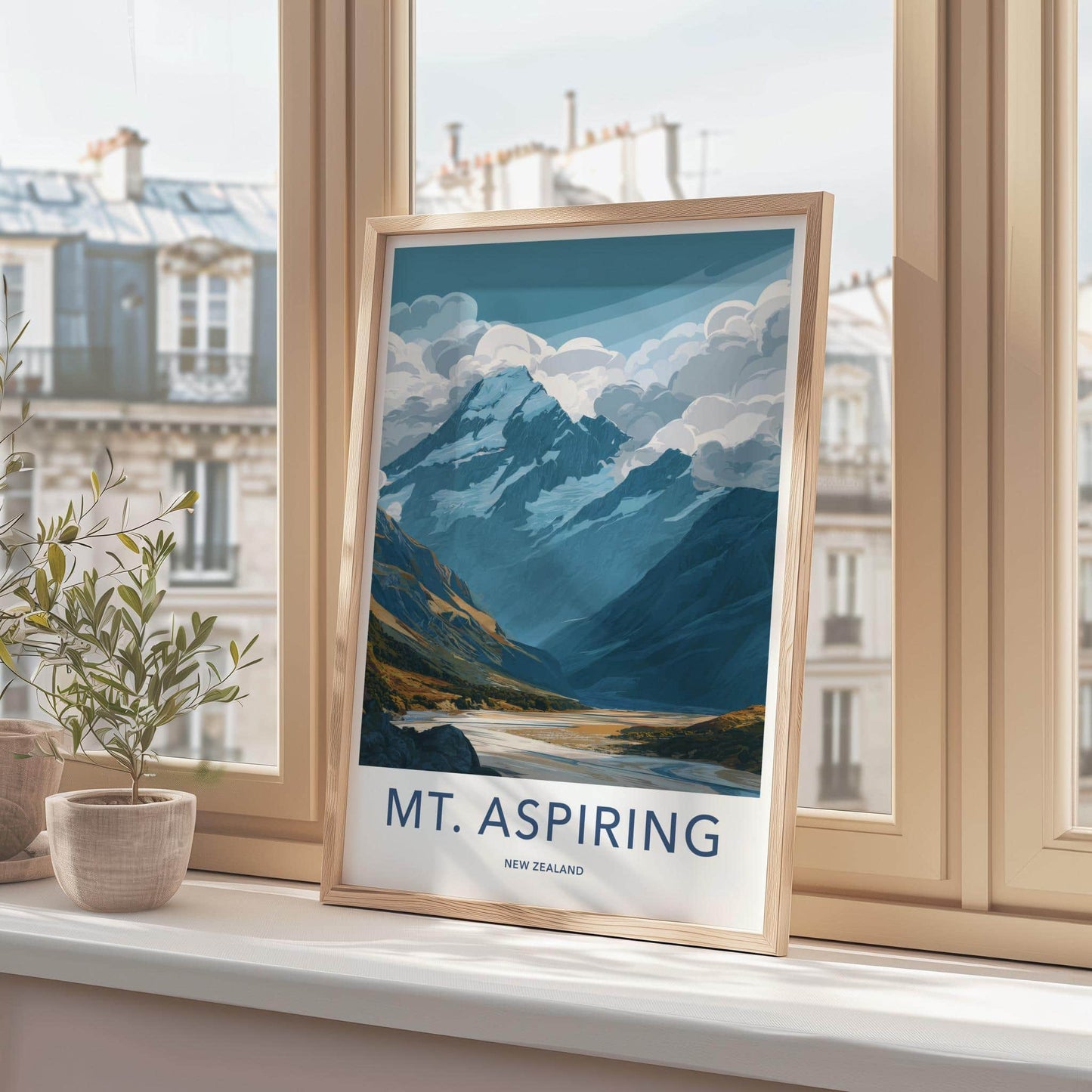 Mount Aspiring Poster - New Zealand Travel Art - Cloudy Glacier River Home Decor