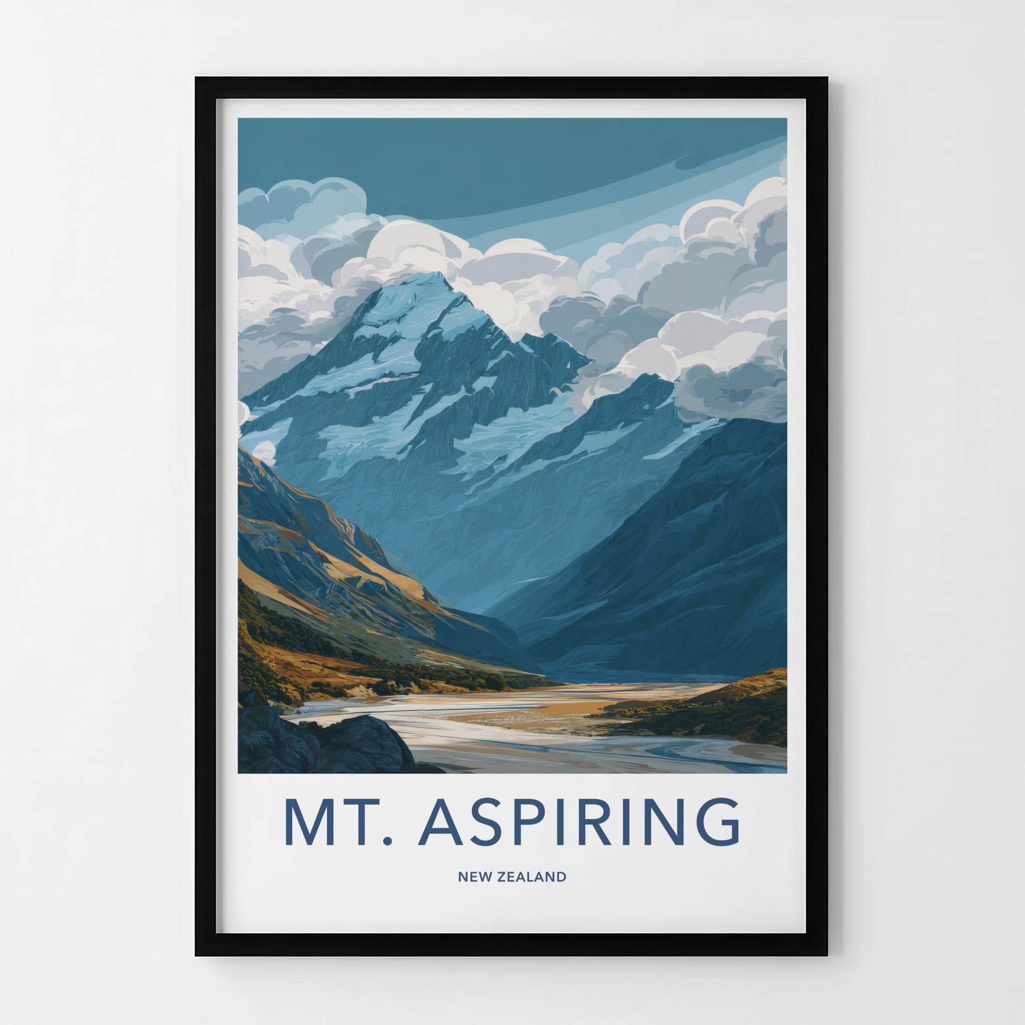 Mount Aspiring Poster - New Zealand Travel Art - Cloudy Glacier River Home Decor