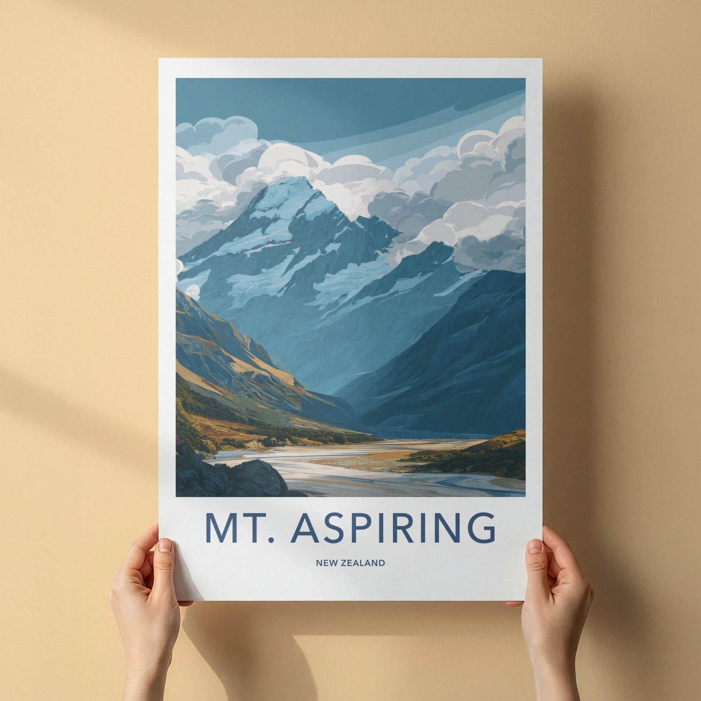 Mount Aspiring Poster - New Zealand Travel Art - Cloudy Glacier River Home Decor