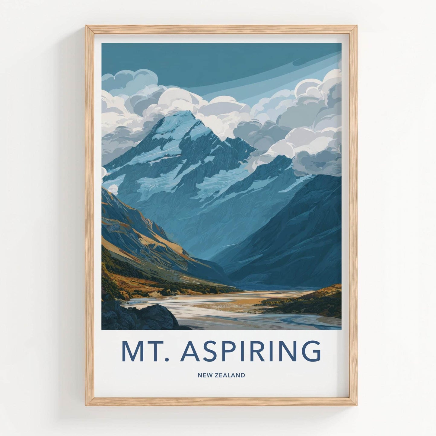 Mount Aspiring Poster - New Zealand Travel Art - Cloudy Glacier River Home Decor