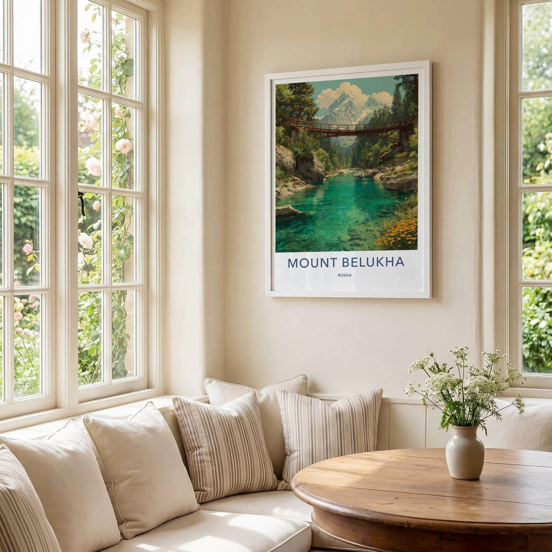 Mount Belukha Poster - Russia Framed Print - Alpine River Bridge Framed Decor
