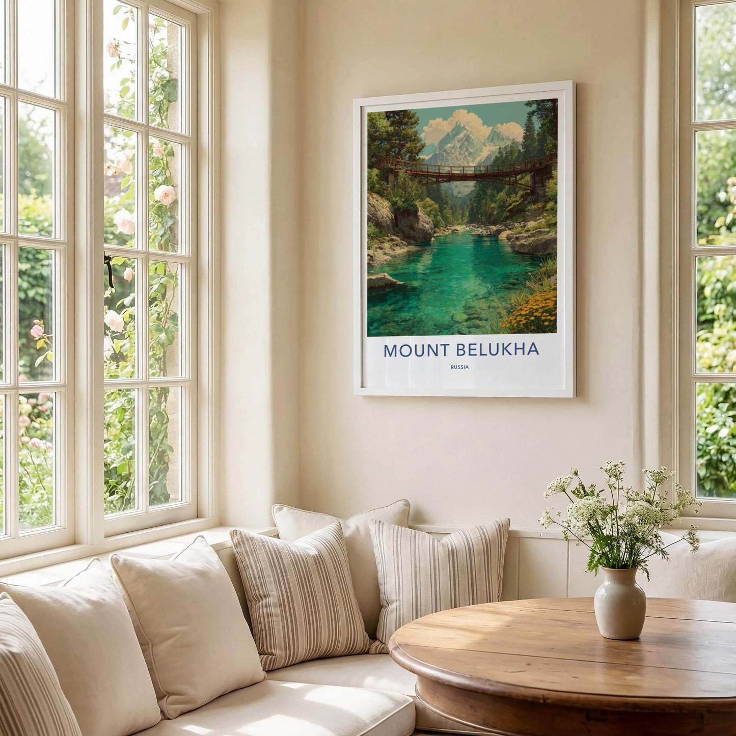 Mount Belukha Poster - Russia Framed Print - Alpine River Bridge Framed Decor