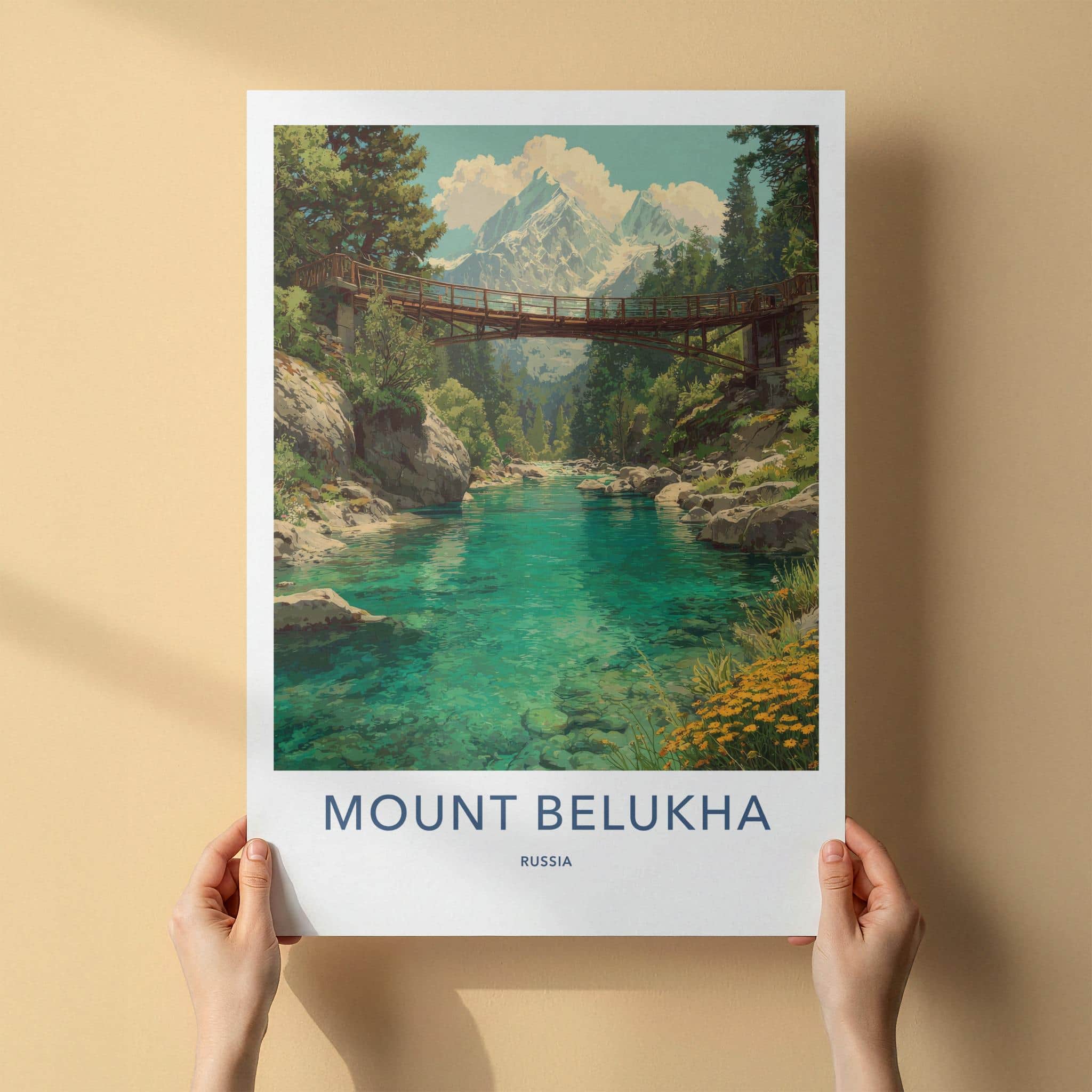 Mount Belukha Poster - Russia Framed Print - Alpine River Bridge Framed Decor