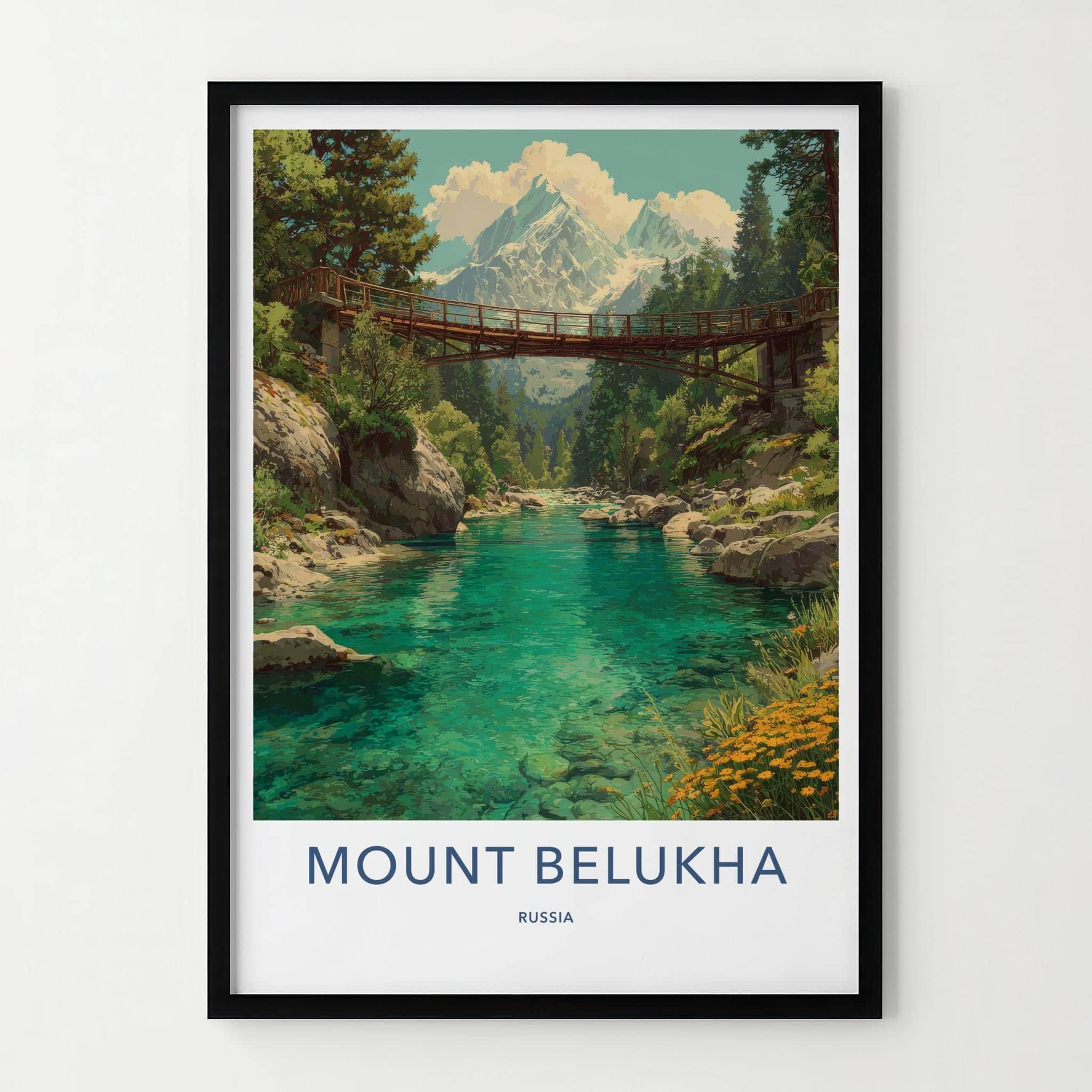 Mount Belukha Poster - Russia Framed Print - Alpine River Bridge Framed Decor