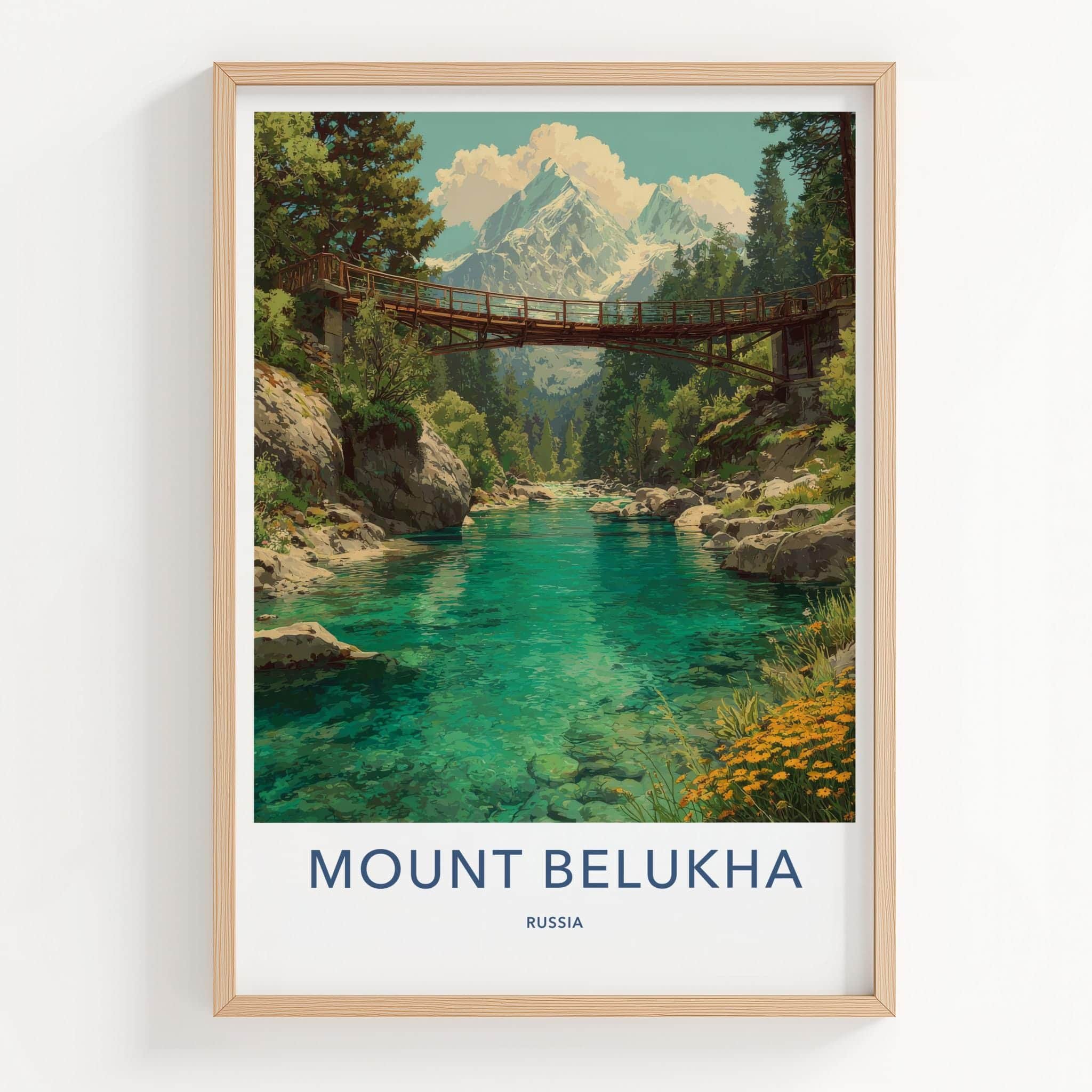 Mount Belukha Poster - Russia Framed Print - Alpine River Bridge Framed Decor