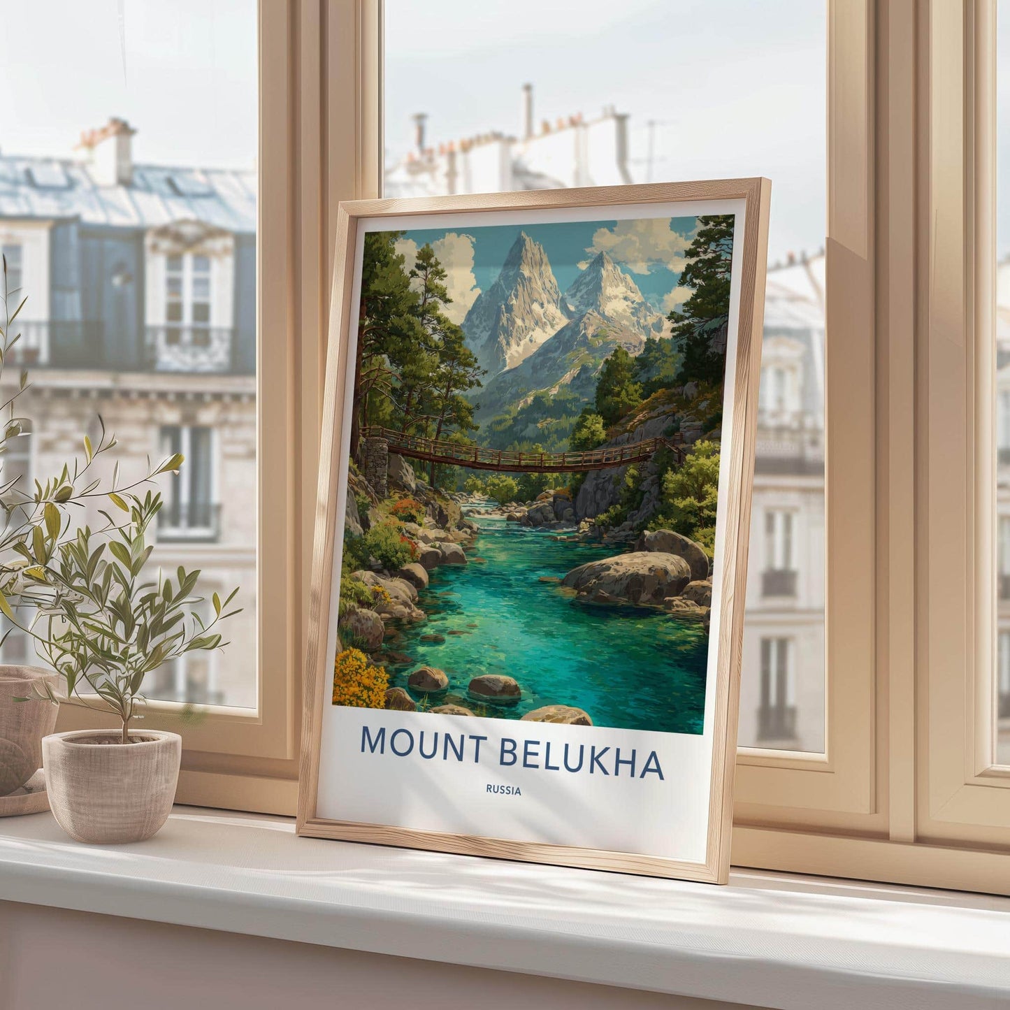 Mount Belukha Poster - Russia Travel Art - Alpine River Bridge Home Decor