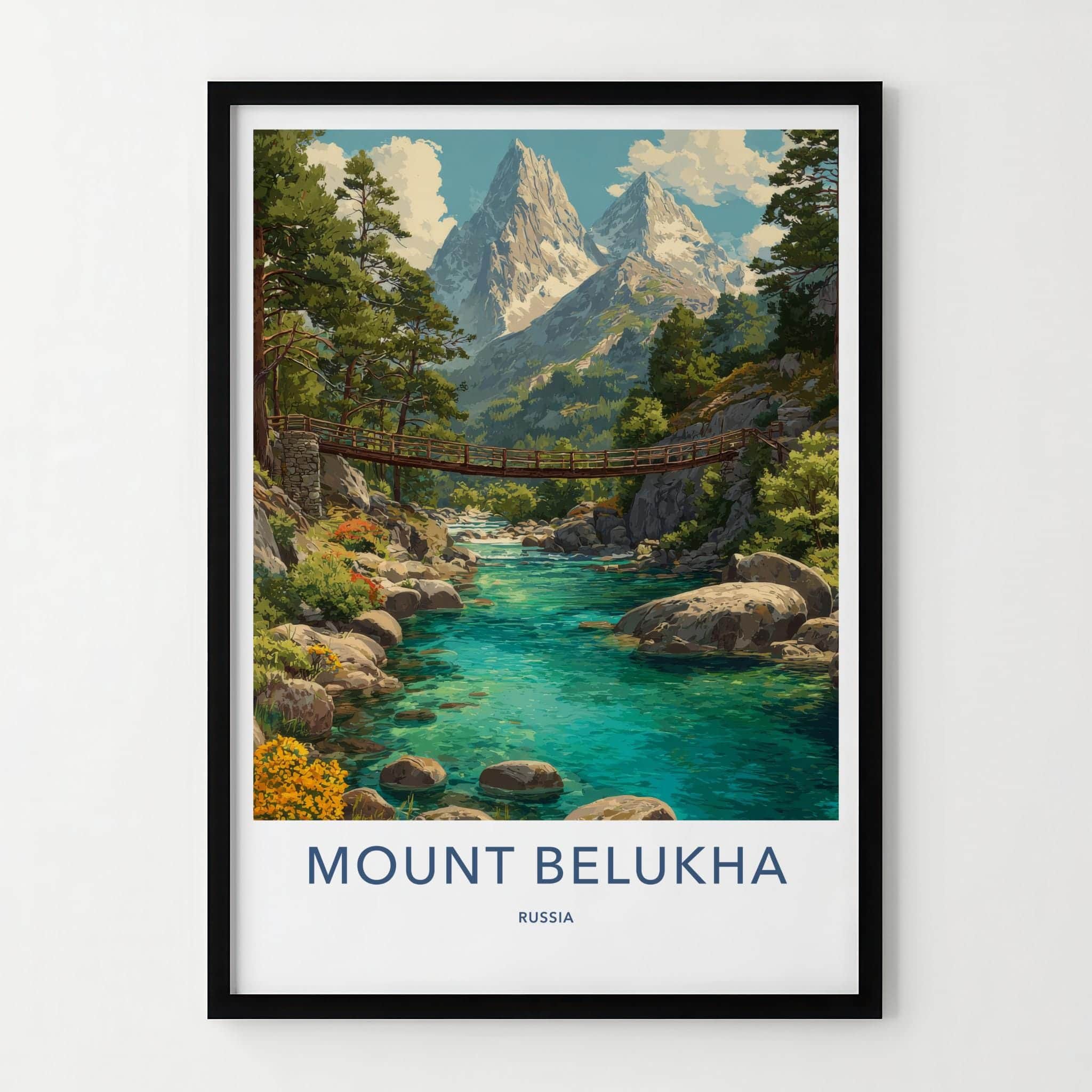 Mount Belukha Poster - Russia Travel Art - Alpine River Bridge Home Decor