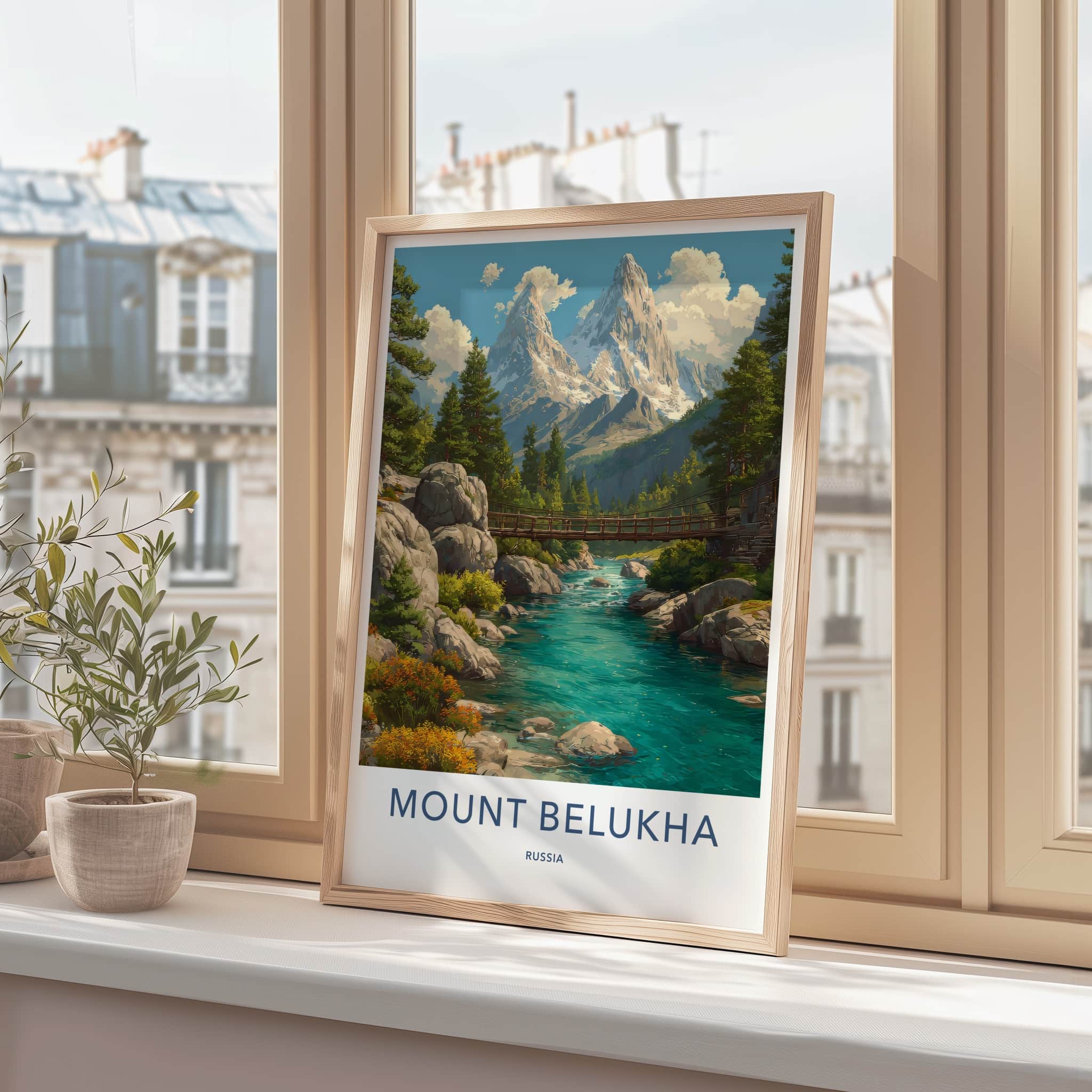 Mount Belukha Poster - Russia Travel Art - Snowy Mountain River Home Decor