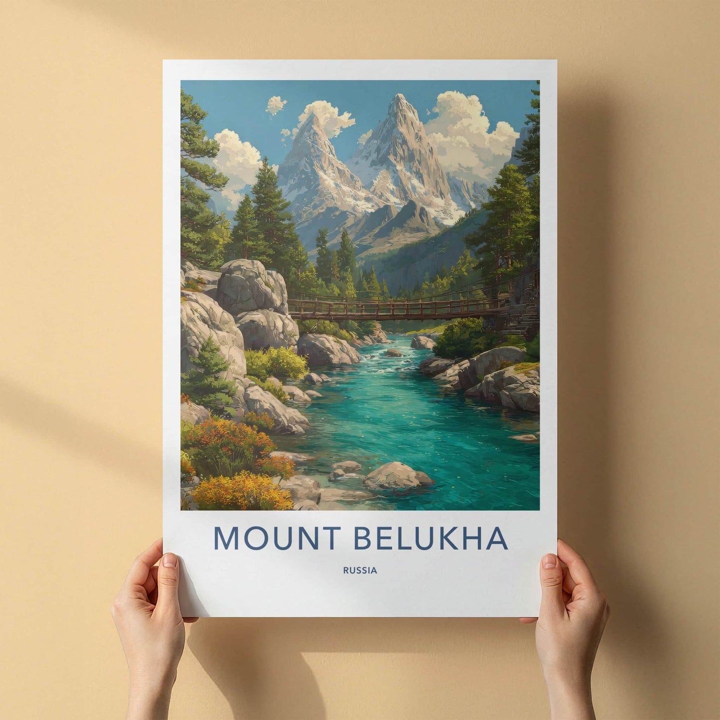 Mount Belukha Poster - Russia Travel Art - Snowy Mountain River Home Decor