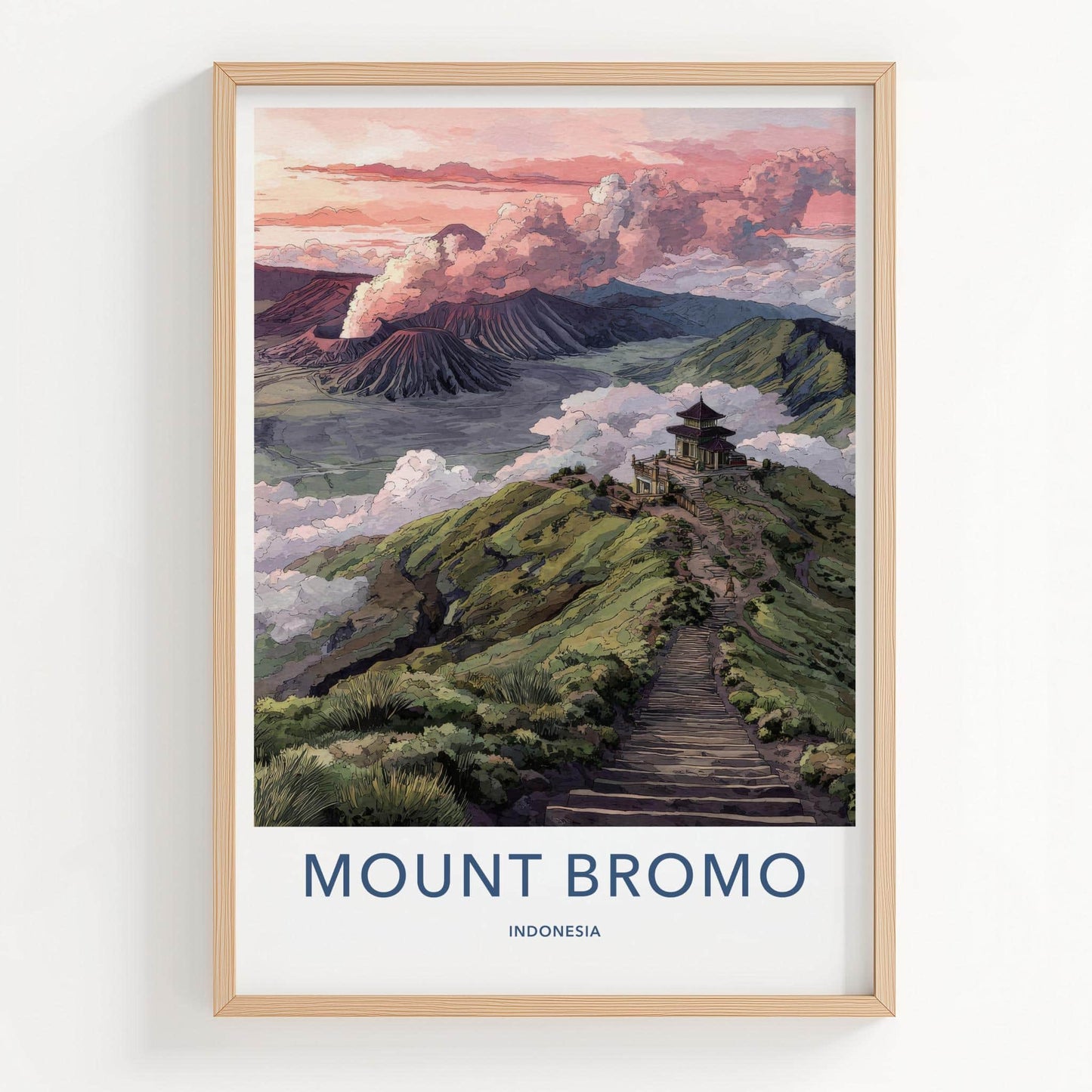 Mount Bromo Poster - Indonesia Travel Art - Smoking Volcano Temple Home Decor