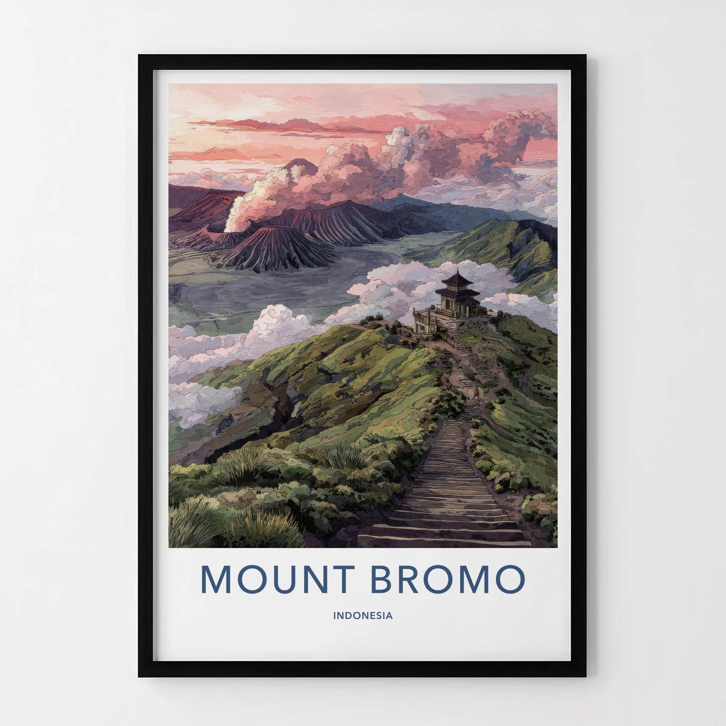 Mount Bromo Poster - Indonesia Travel Art - Smoking Volcano Temple Home Decor