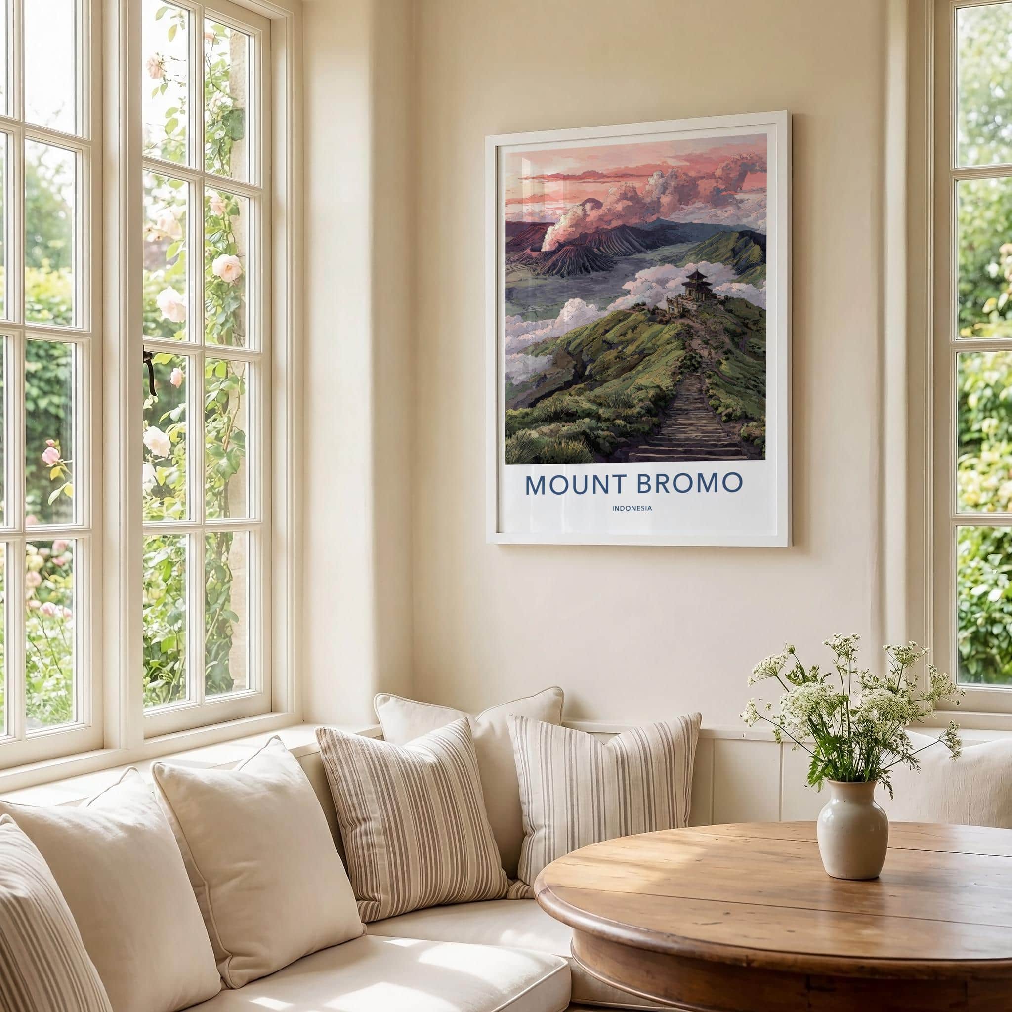 Mount Bromo Poster - Indonesia Travel Art - Smoking Volcano Temple Home Decor