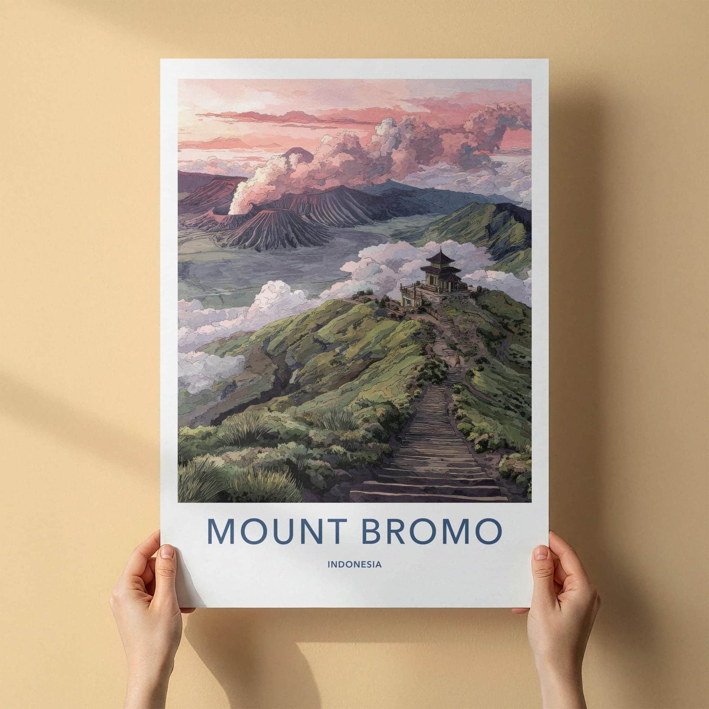 Mount Bromo Poster - Indonesia Travel Art - Smoking Volcano Temple Home Decor