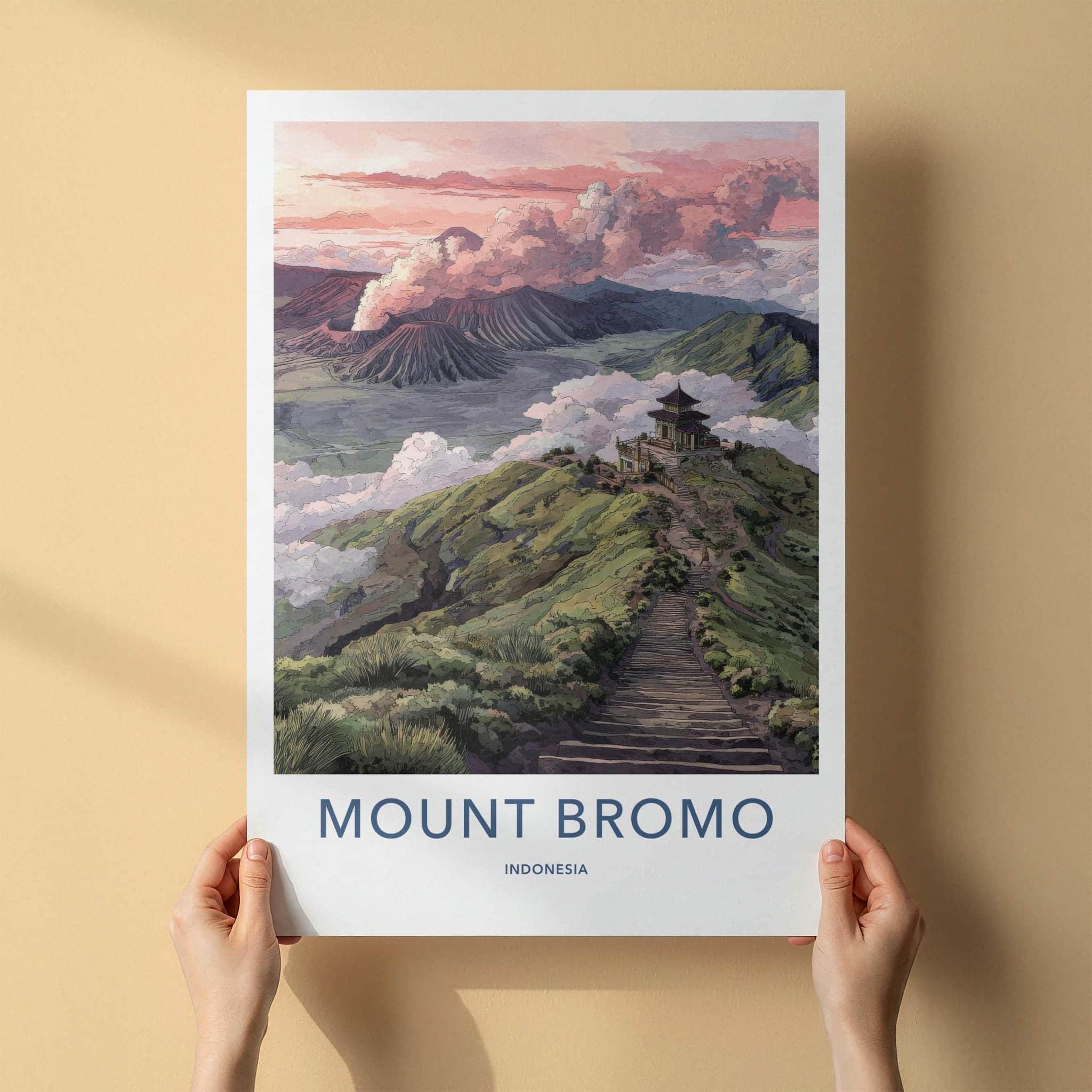 Mount Bromo Poster - Indonesia Travel Art - Smoking Volcano Temple Home Decor
