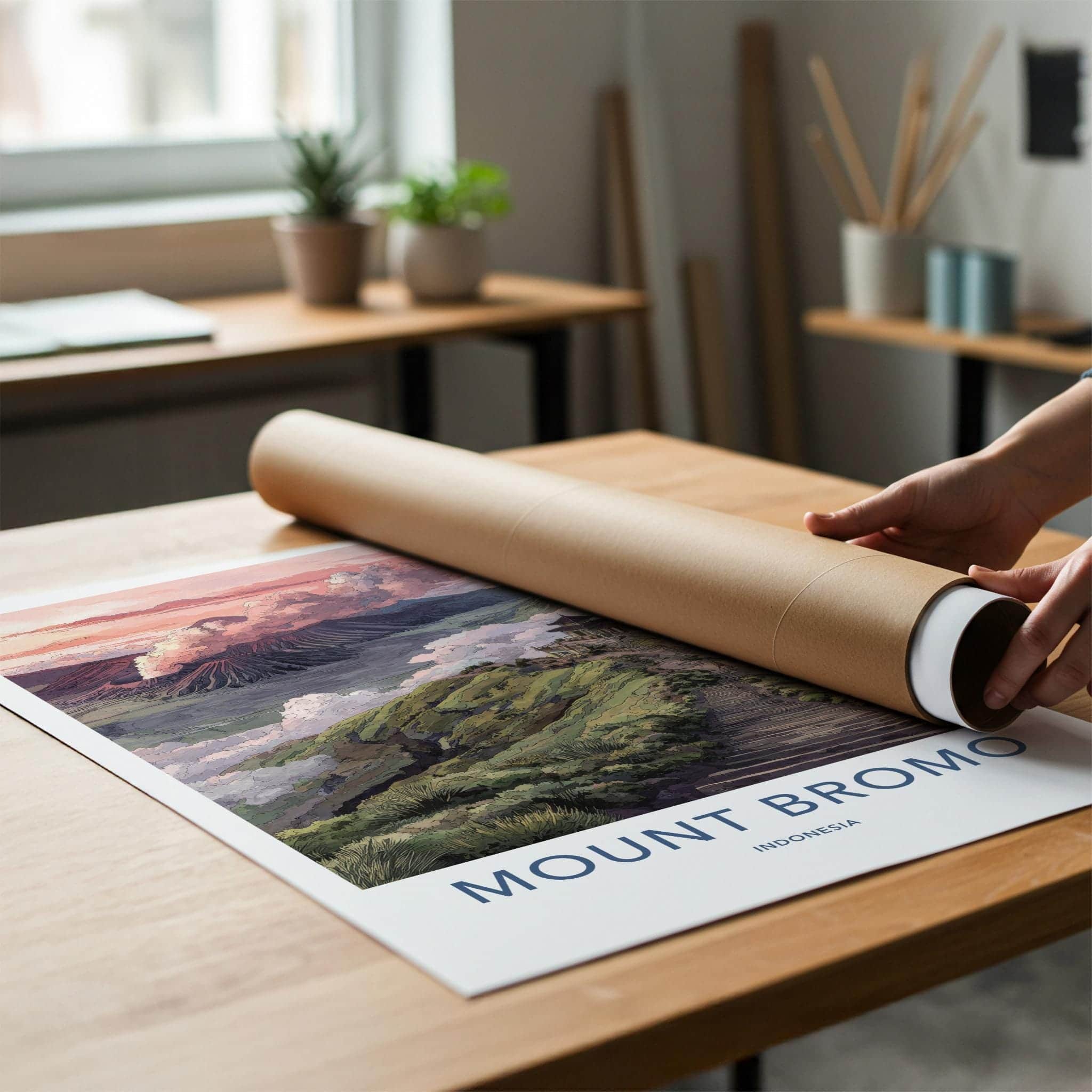 Mount Bromo Poster - Indonesia Travel Art - Smoking Volcano Temple Home Decor