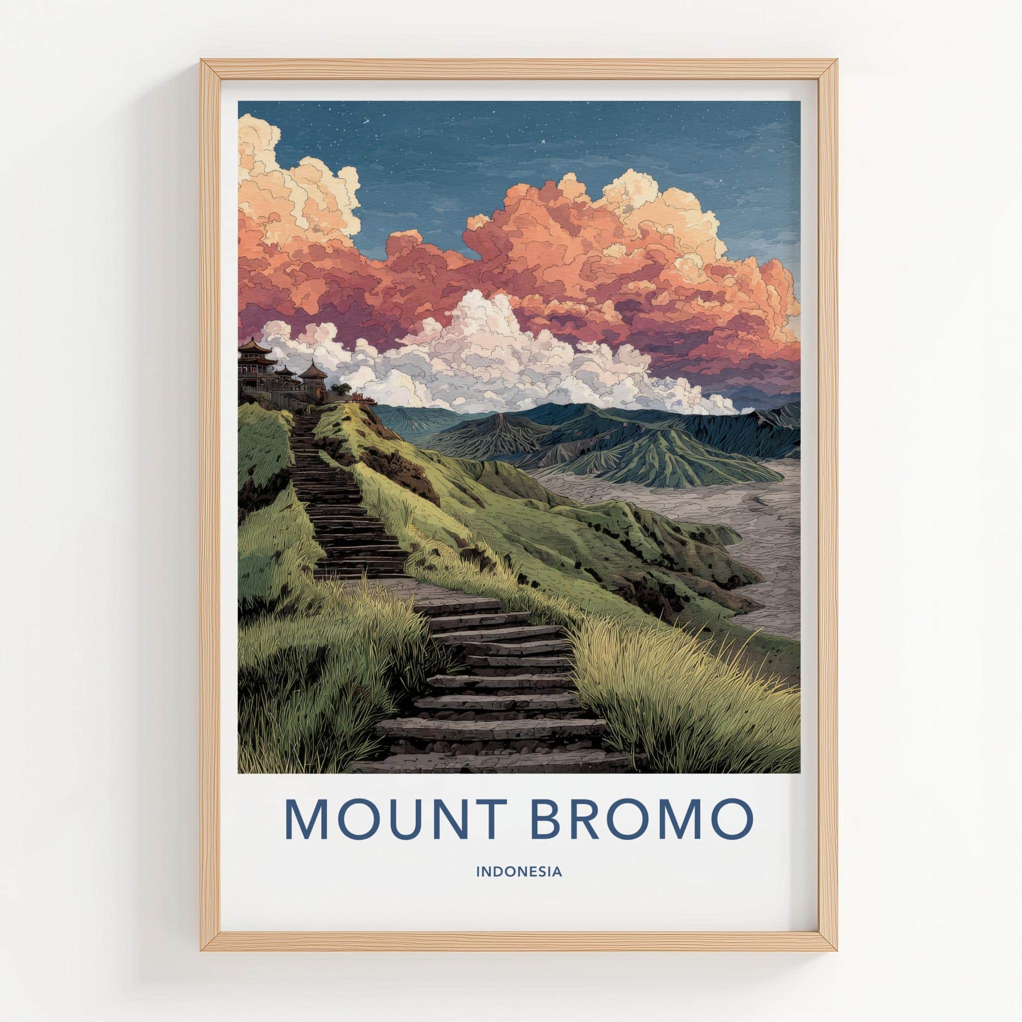 Mount Bromo Poster - Indonesia Travel Art - Volcanic Steps Temple Home Decor