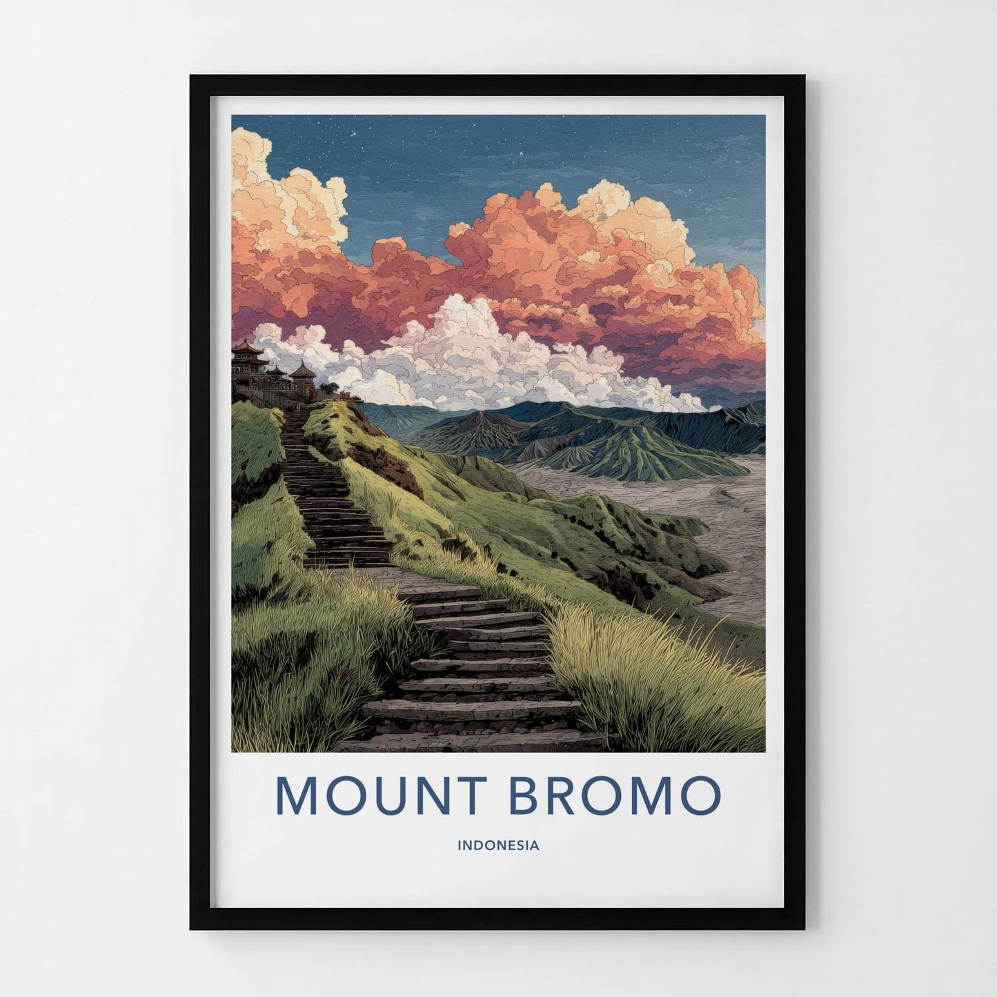 Mount Bromo Poster - Indonesia Travel Art - Volcanic Steps Temple Home Decor
