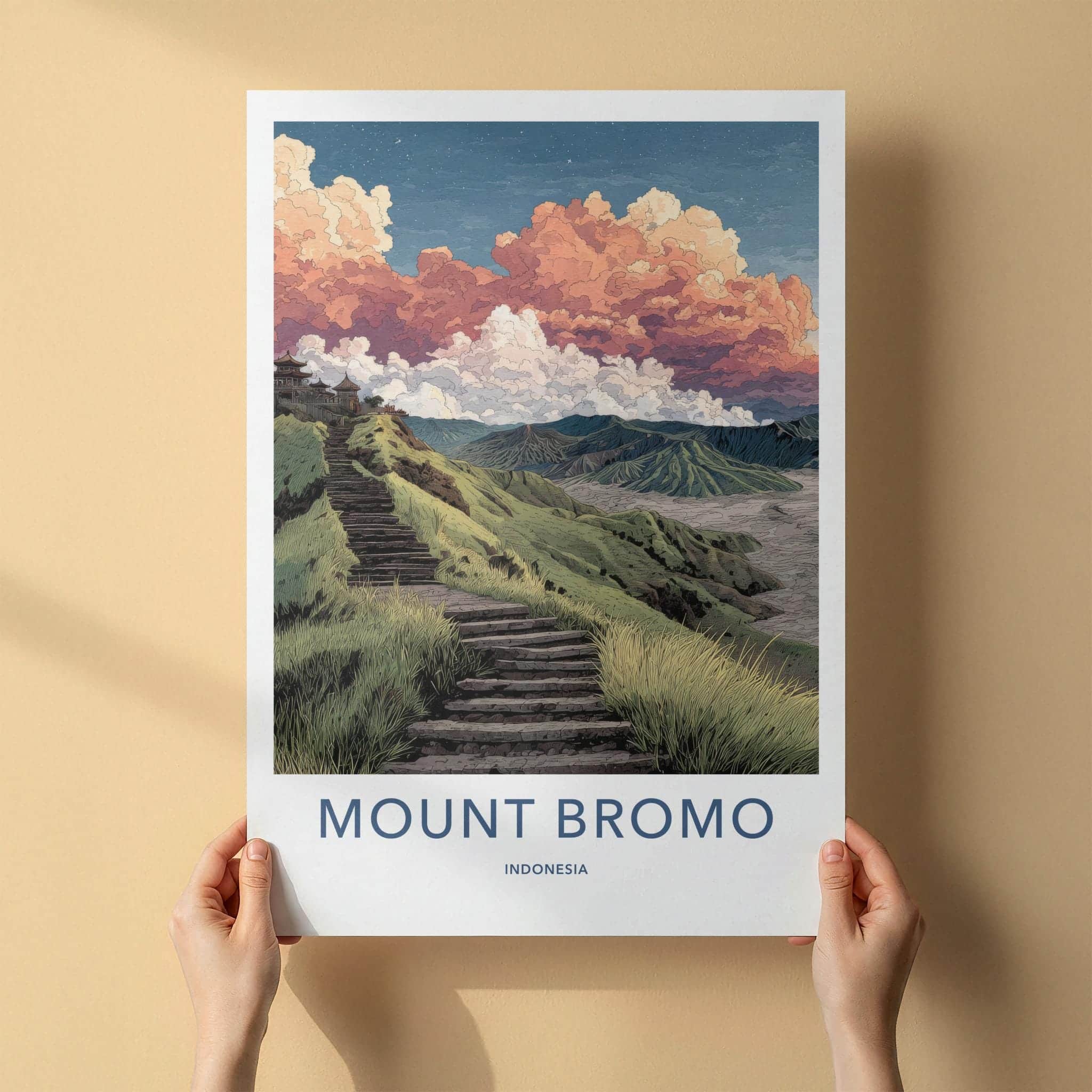 Mount Bromo Poster - Indonesia Travel Art - Volcanic Steps Temple Home Decor